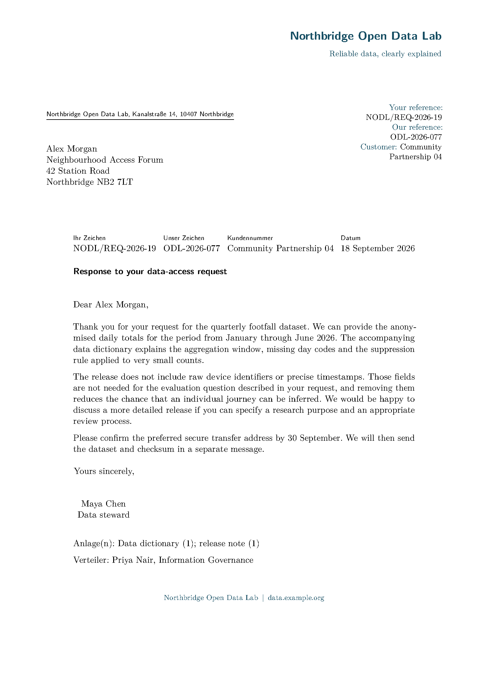 First page of the Pandoc DIN 5008 Letter template