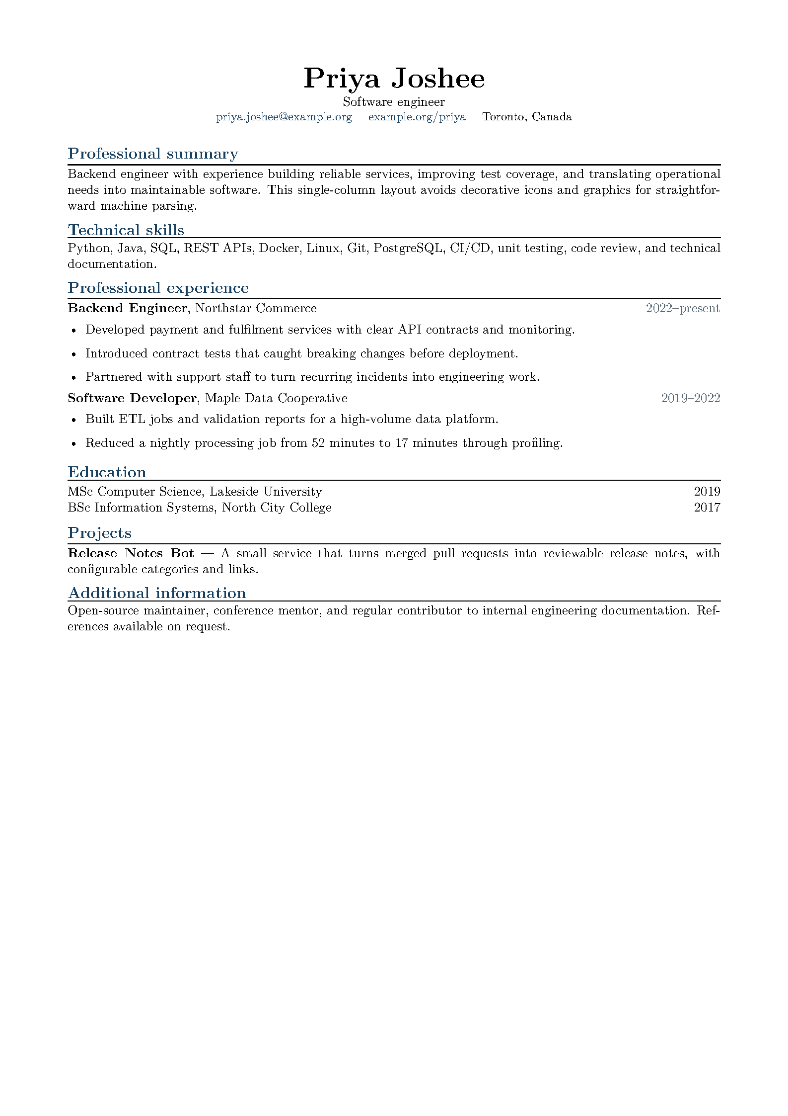 First page of the Pawan Joshee ATS Resume template