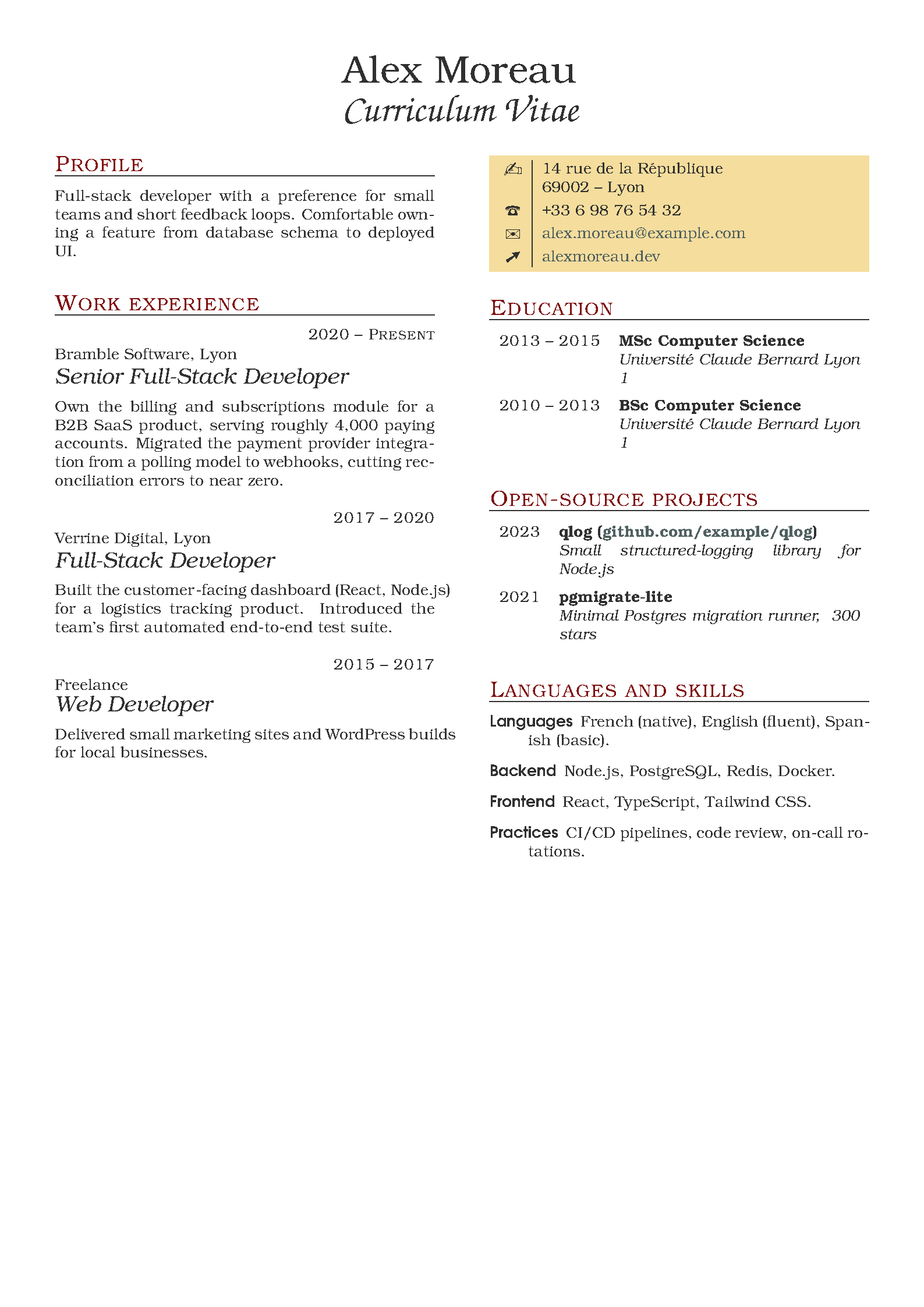 First page of the compiled Plasmati CV template