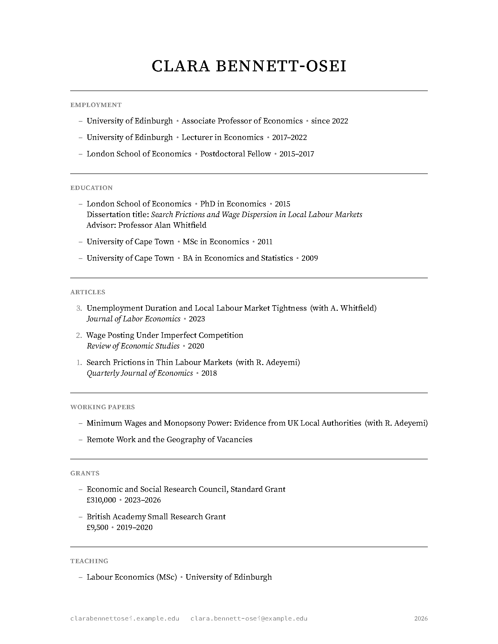 First page of the compiled Pmichaillat CV template