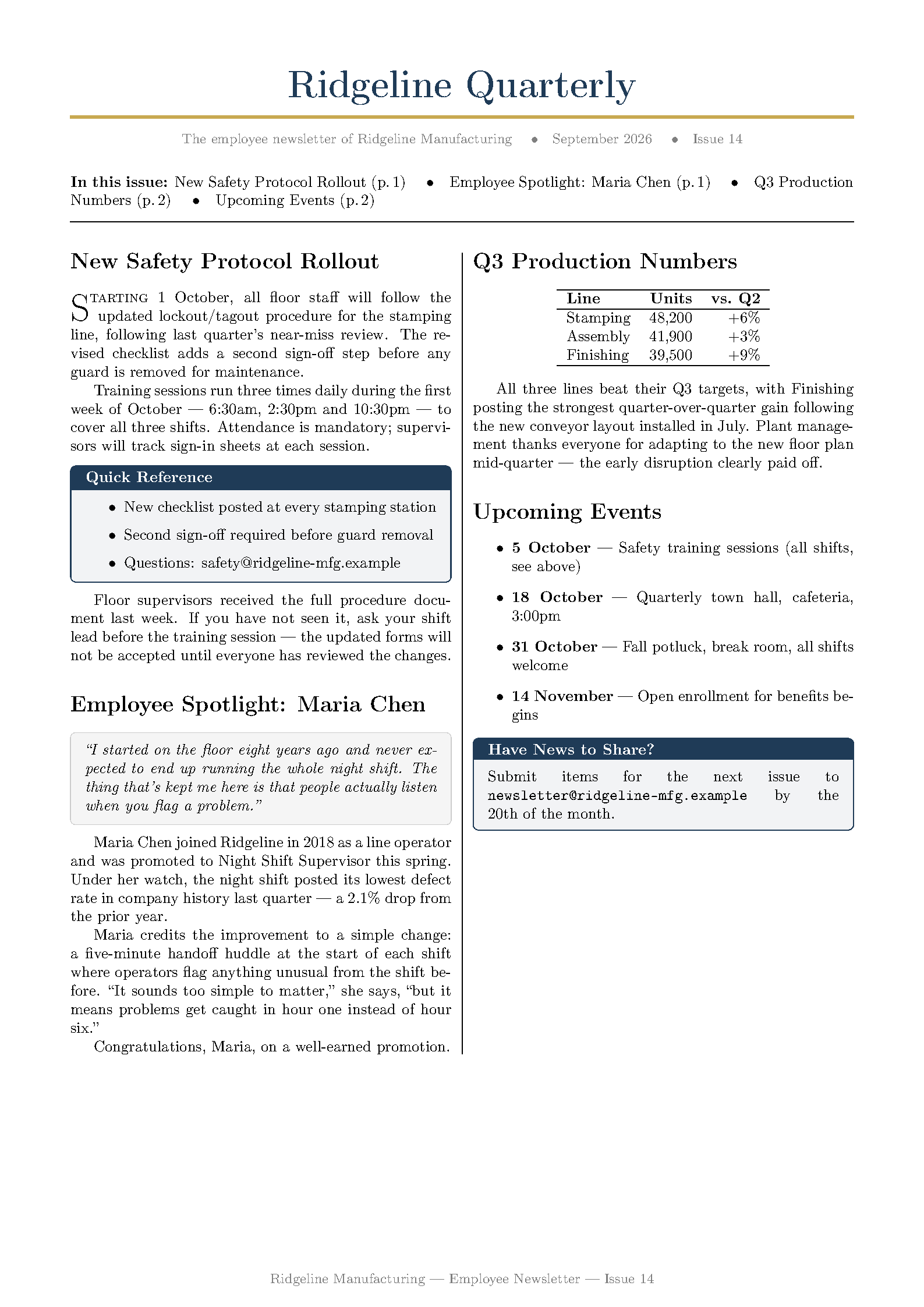 First page of the Professional Newsletter template