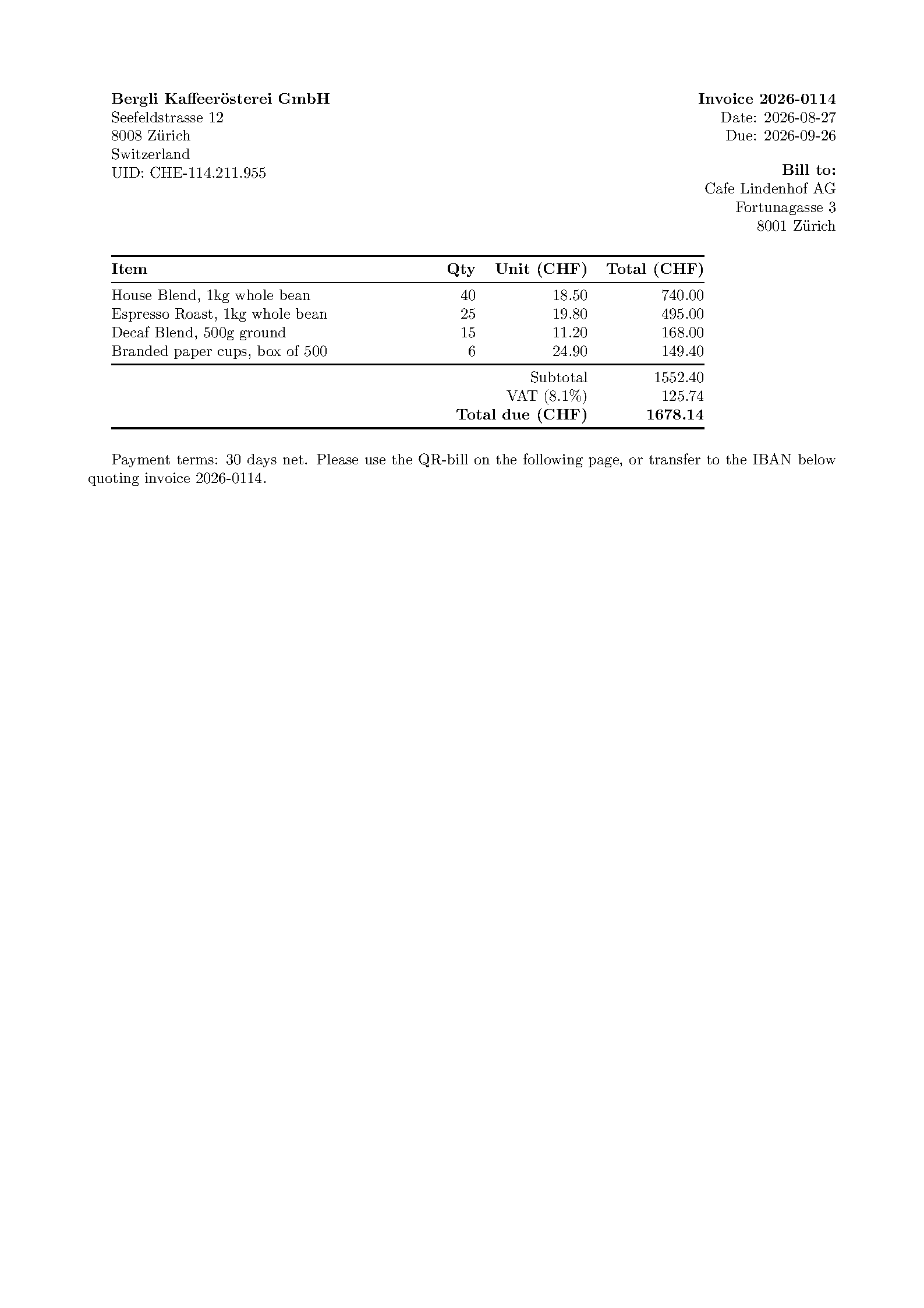 First page of Swiss QR-Bill Invoice