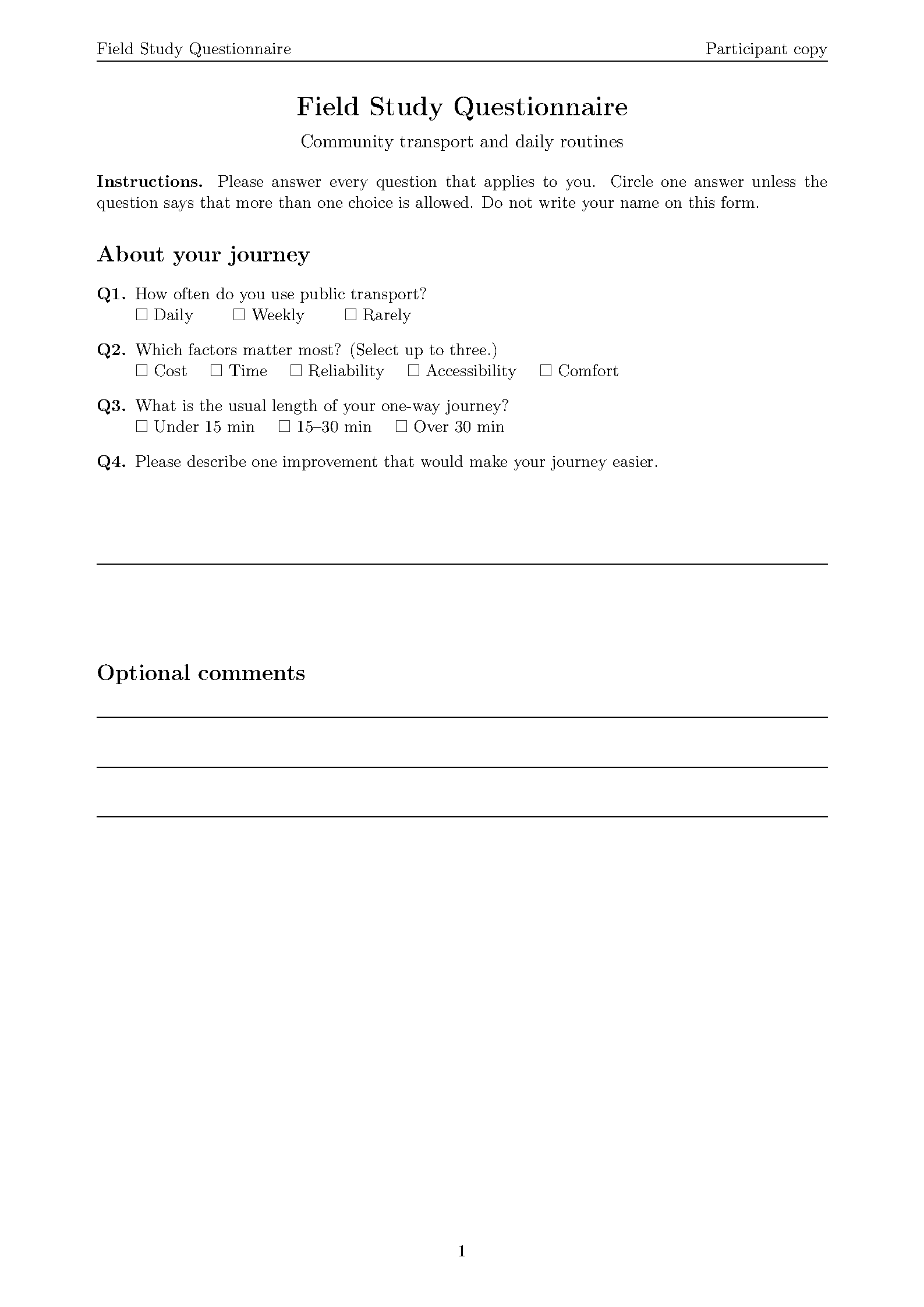 First page of Questionnaire