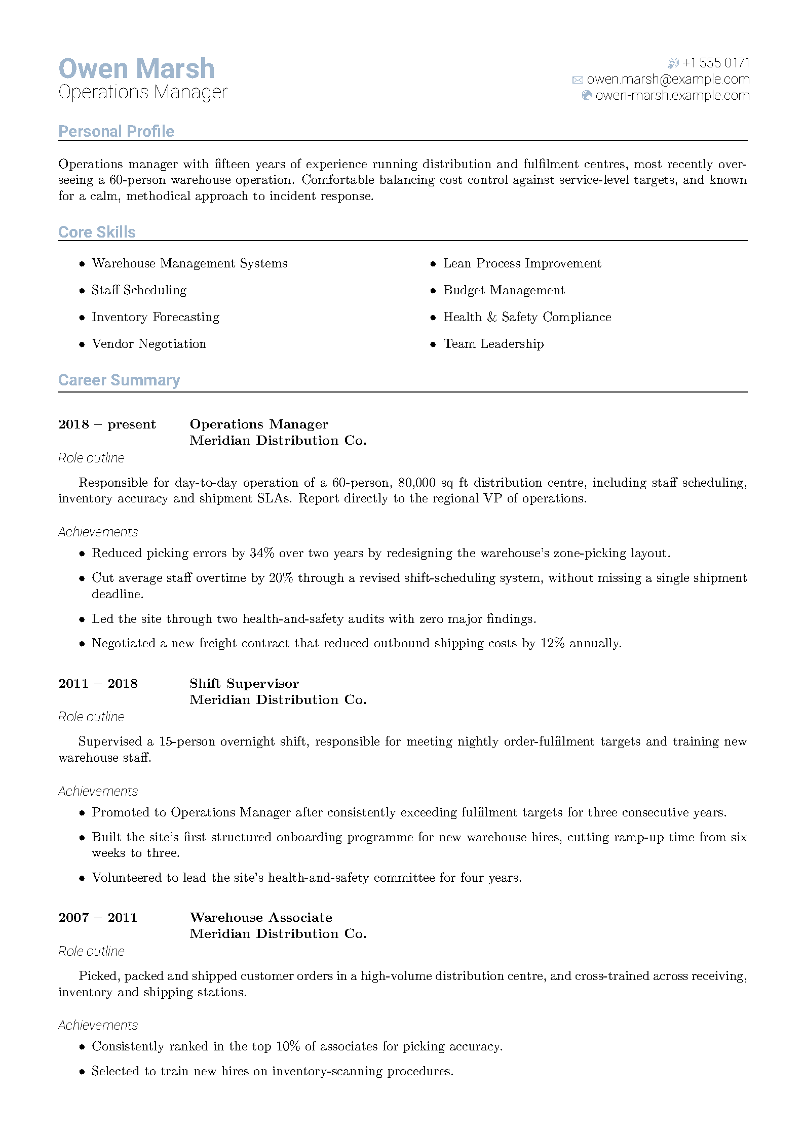 First page of the ReadableCV template