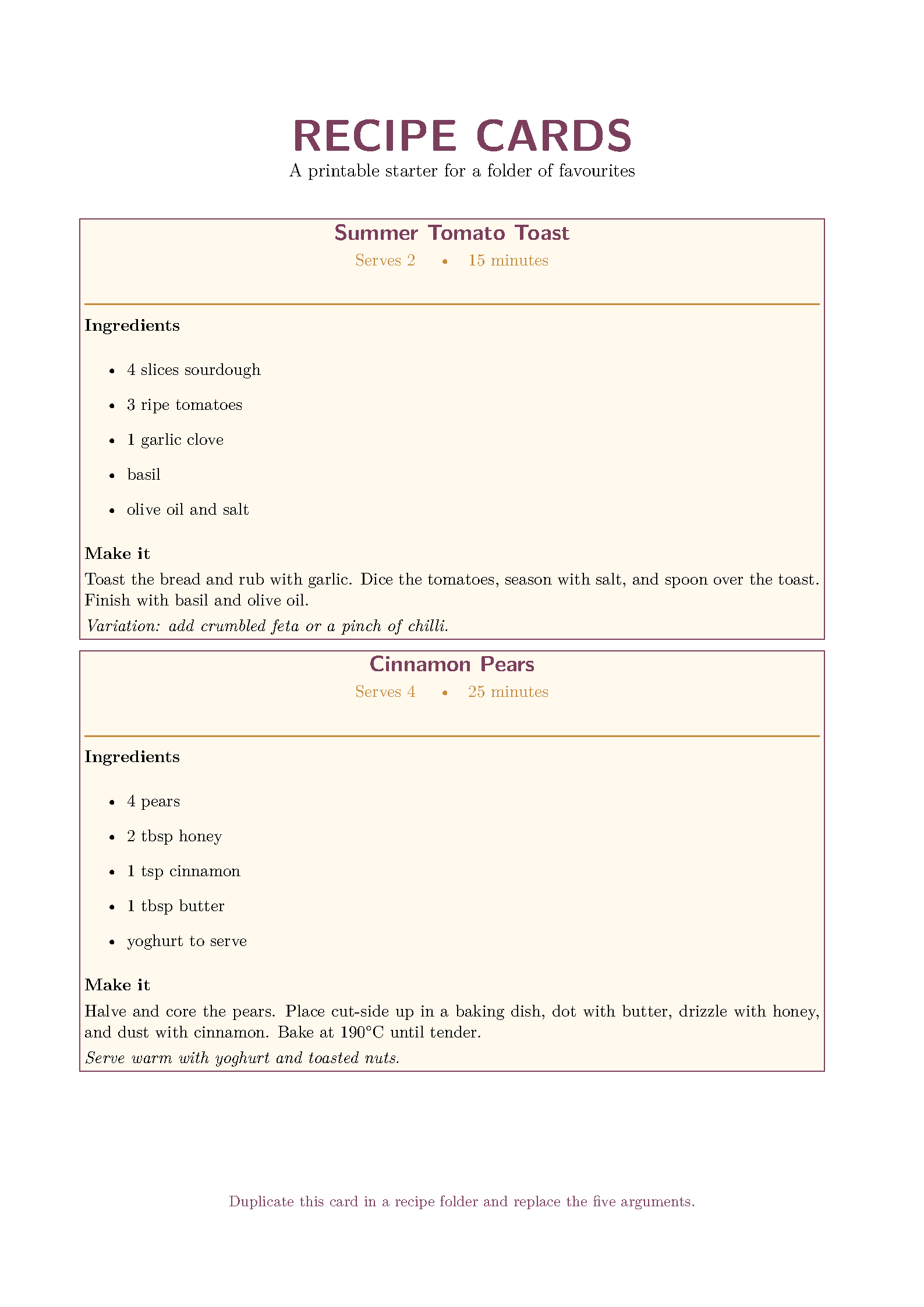 First page of Recipe Card Generator