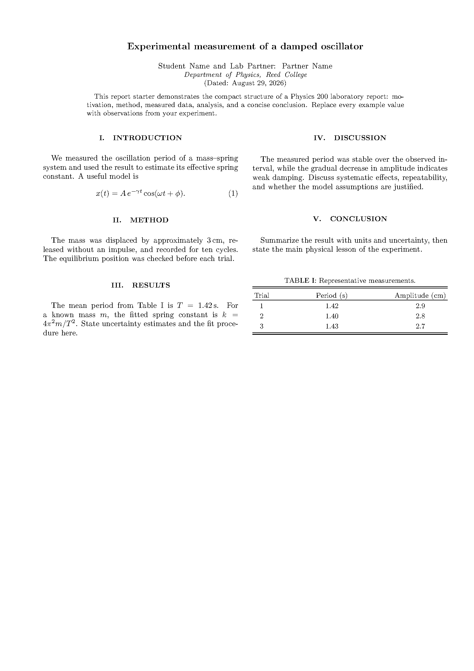 First page of Reed College Physics 200 Report