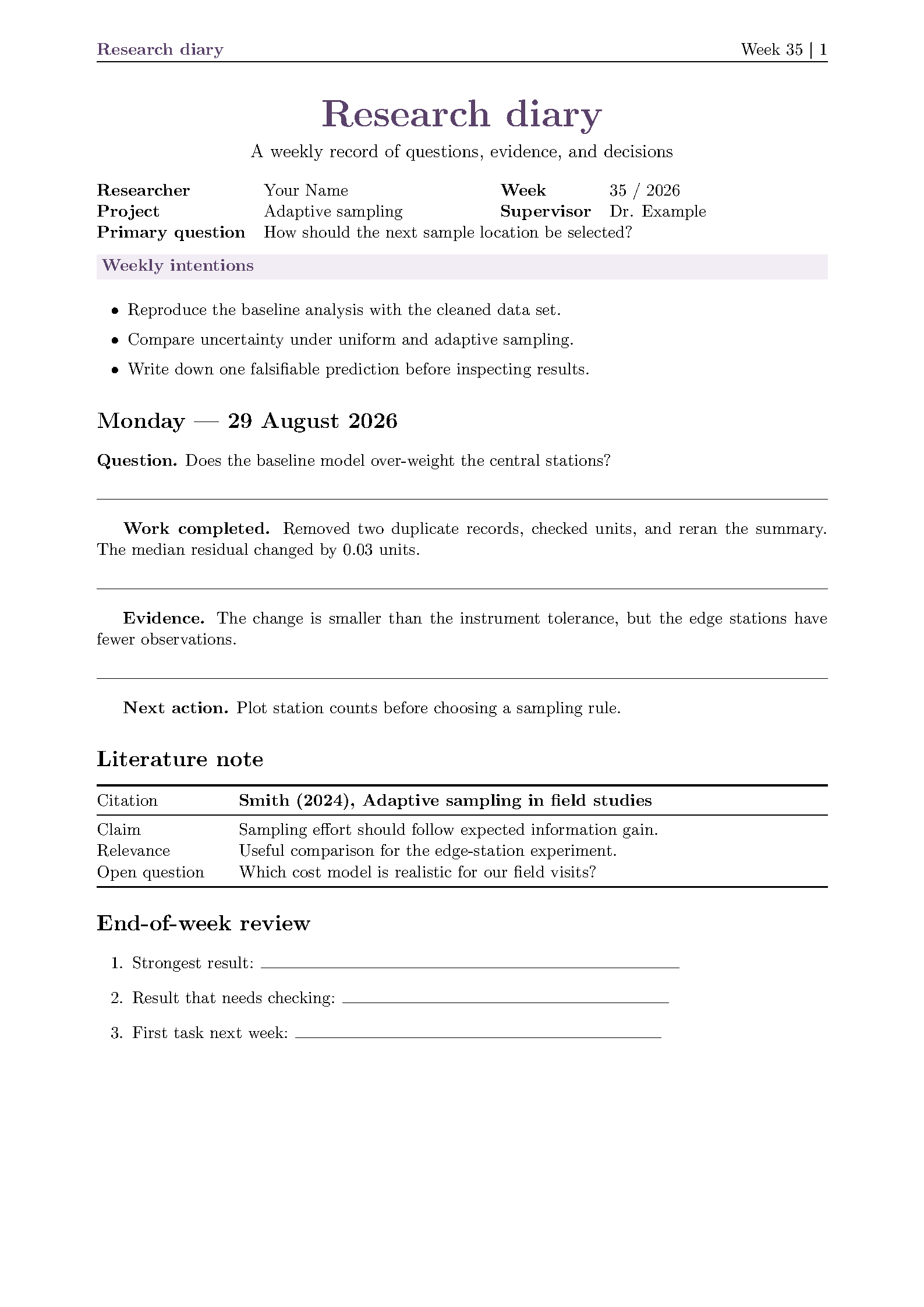 First page of the Research Diary Template (Klassen) template