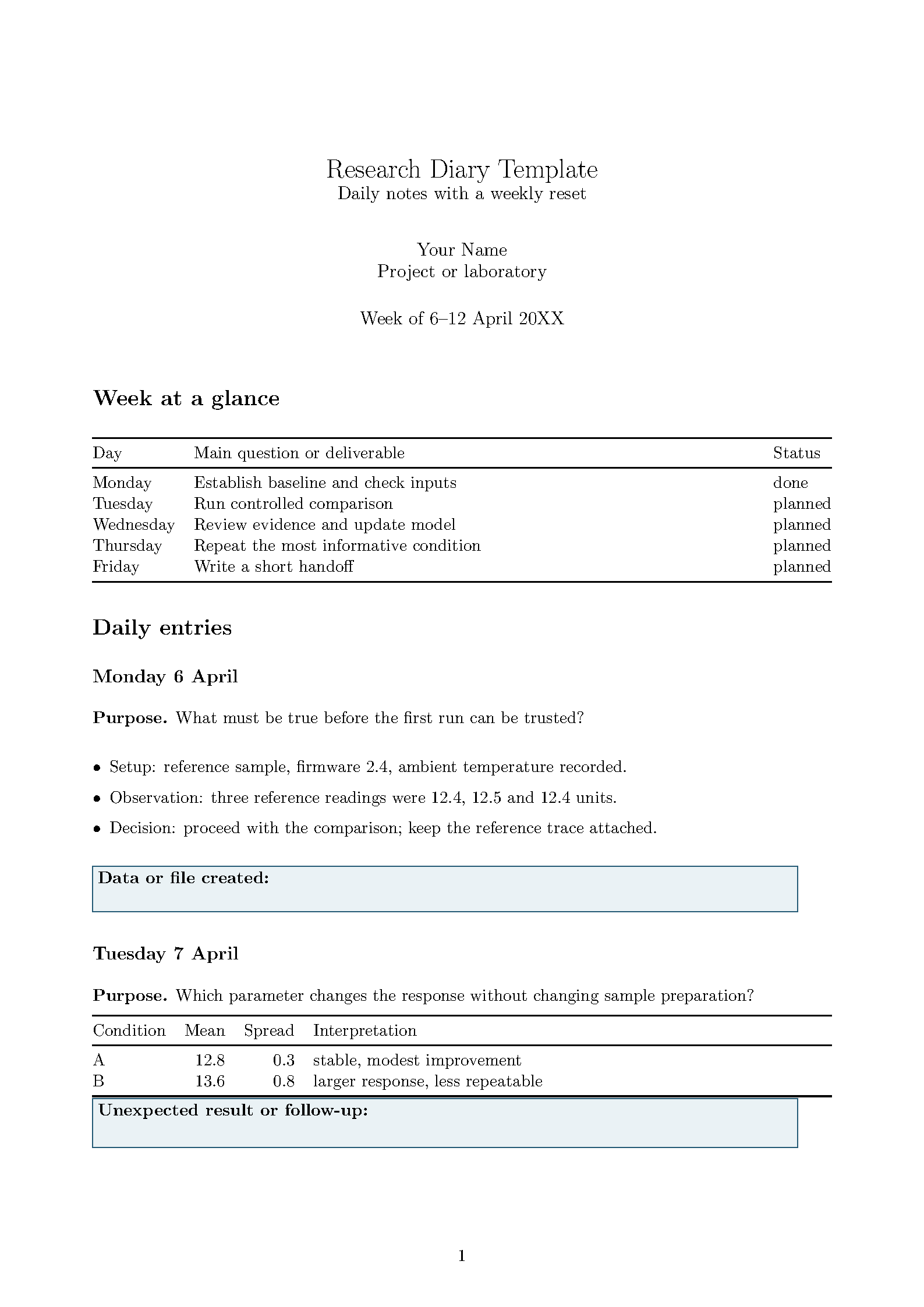 First page of the Research Diary Template template