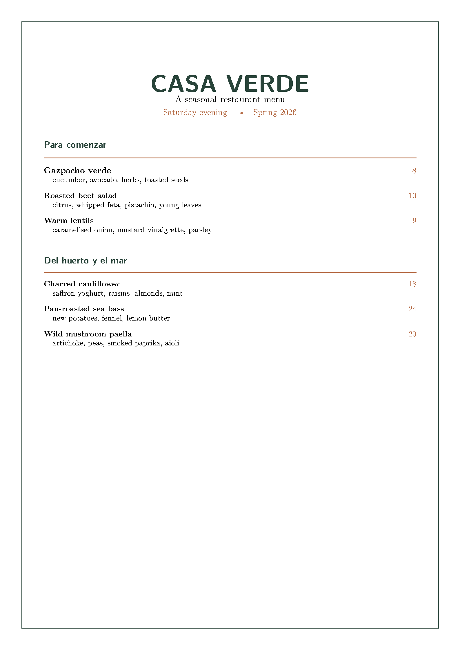 First page of Restaruant Menu