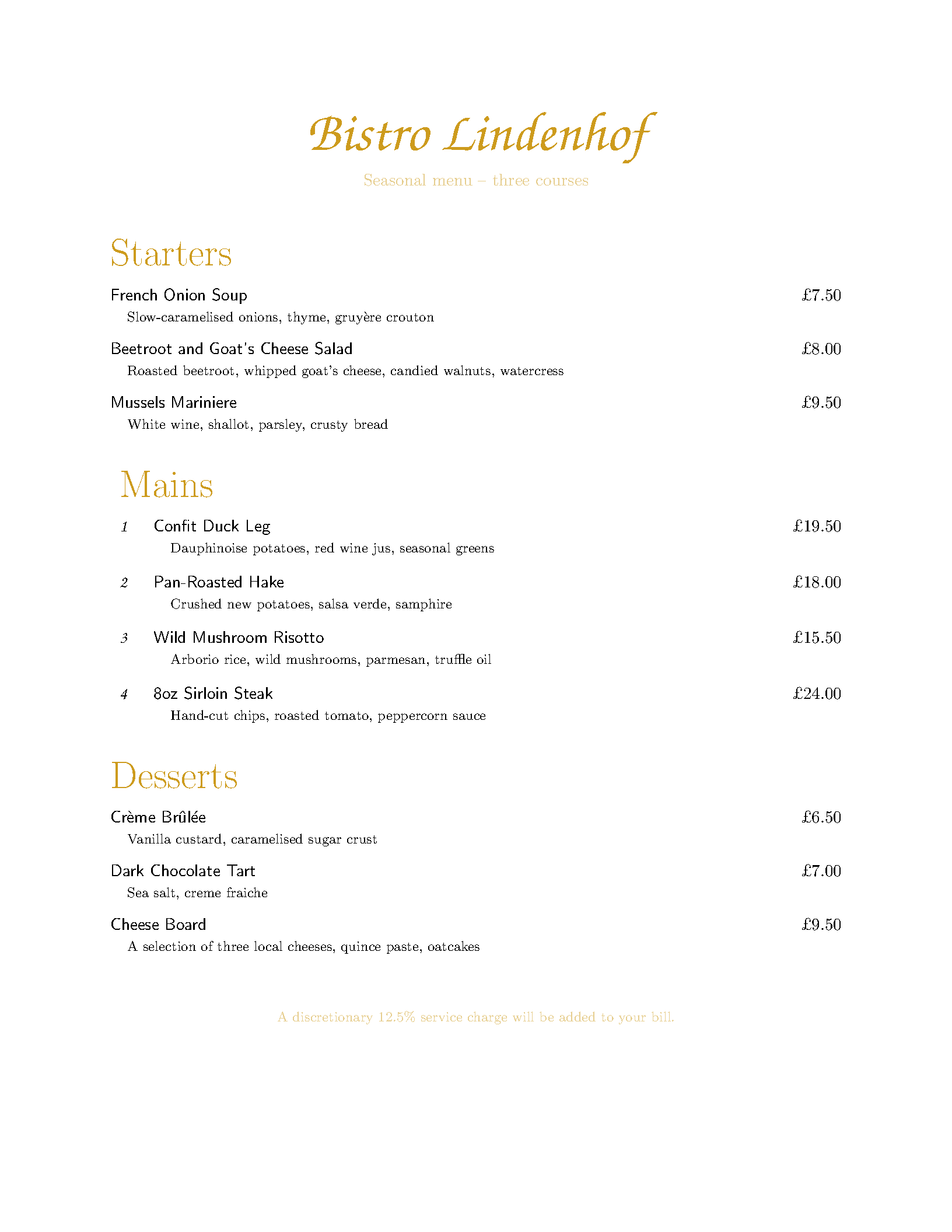 First page of Restaurant Menu Card