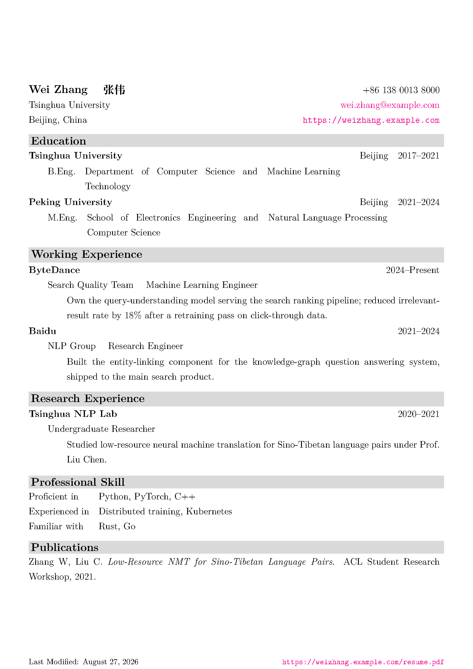 First page of the resumecls template