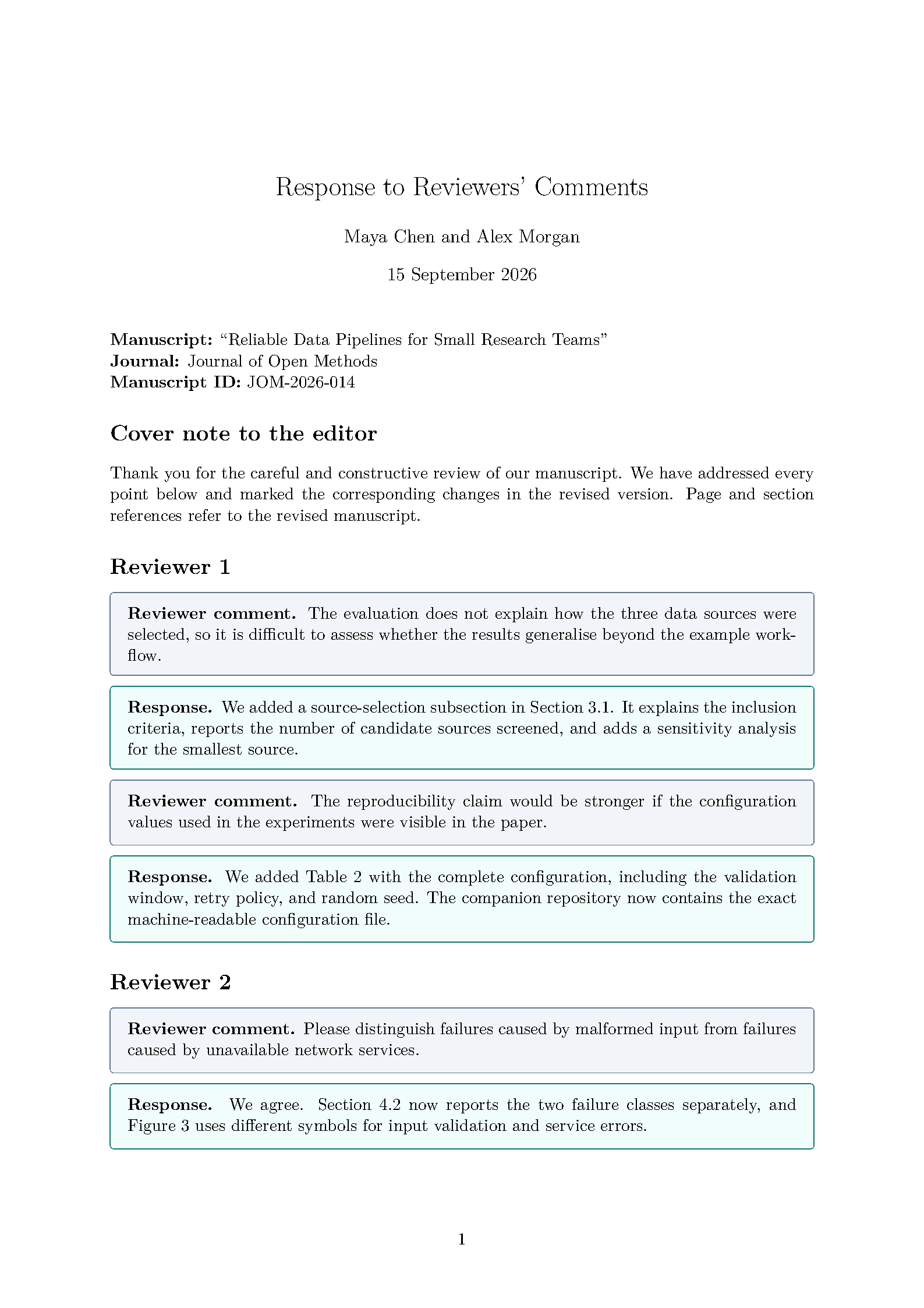 First page of the Review Response Letter template