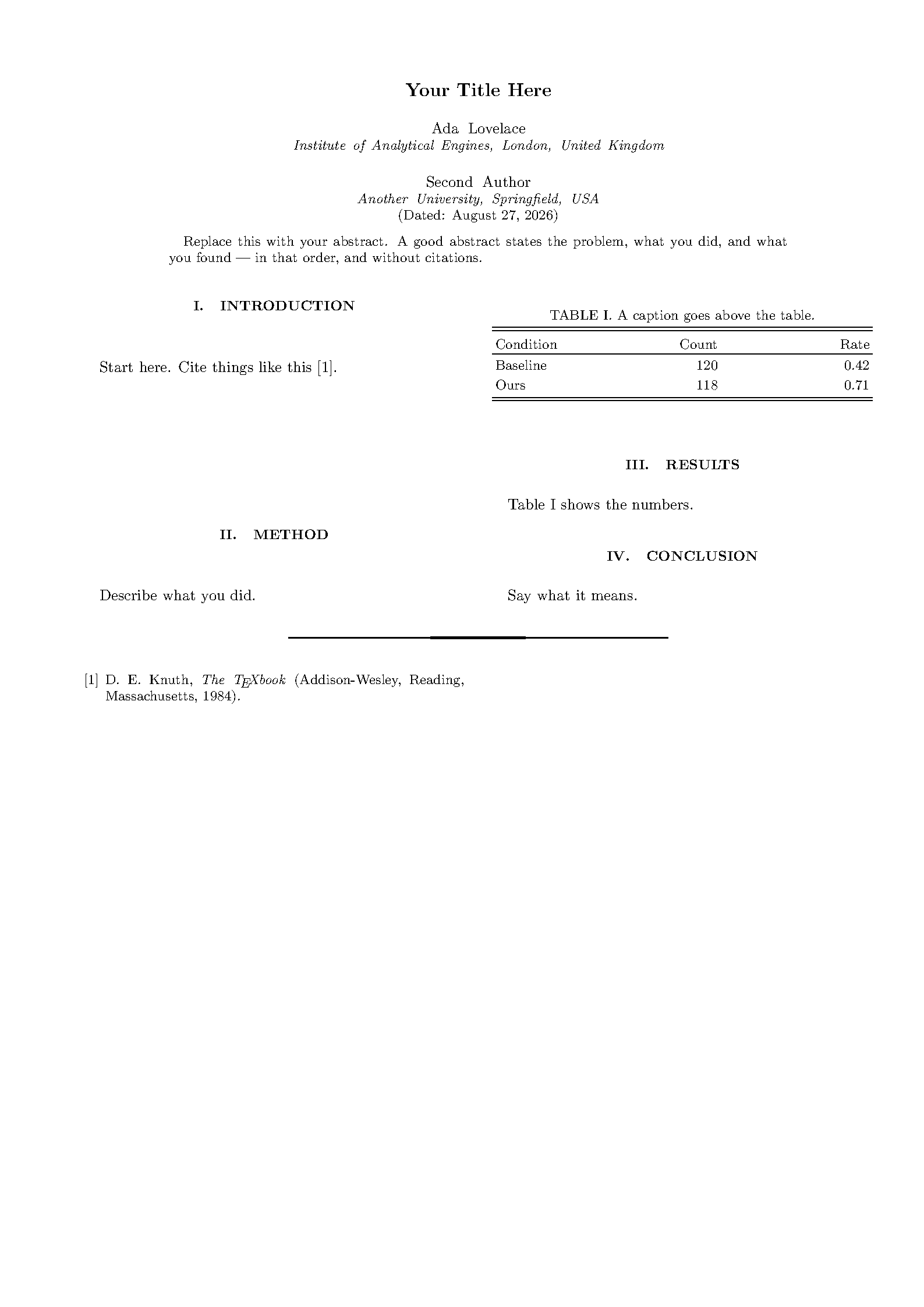 First page of the compiled RevTeX 4.2 template