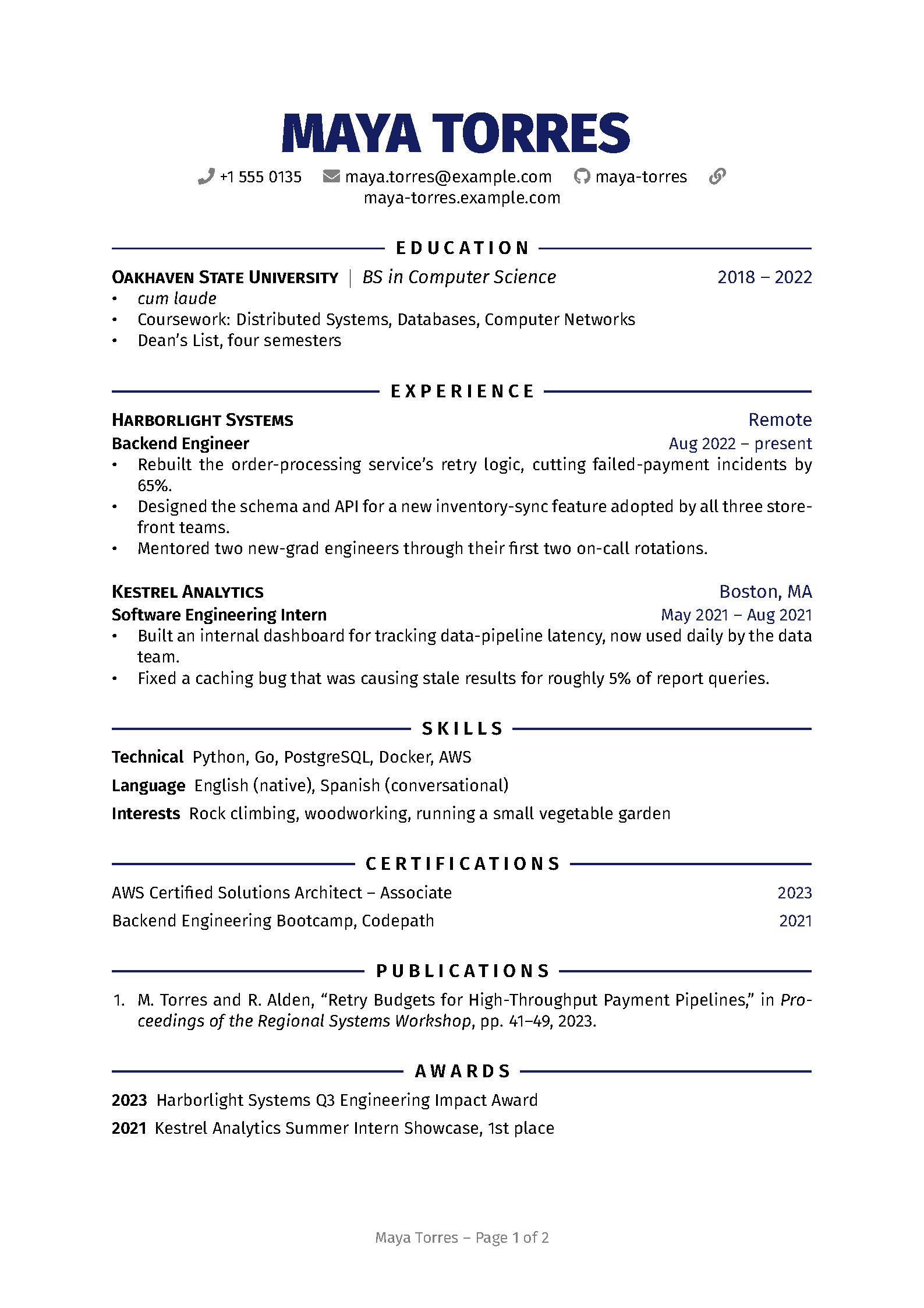 First page of the Rover Resume template