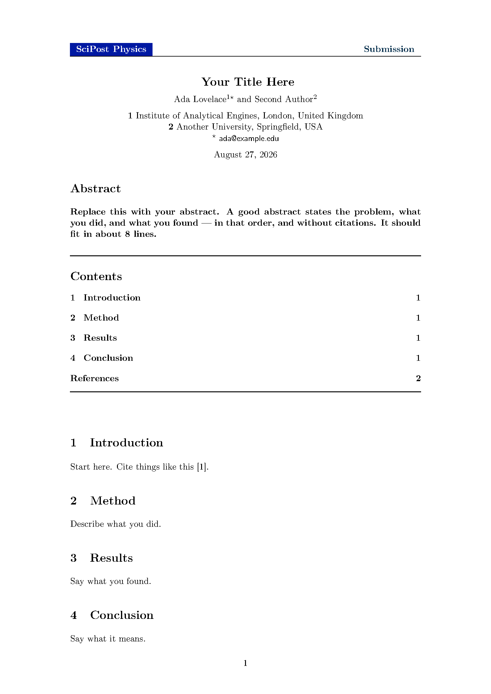 First page of the compiled SciPost template