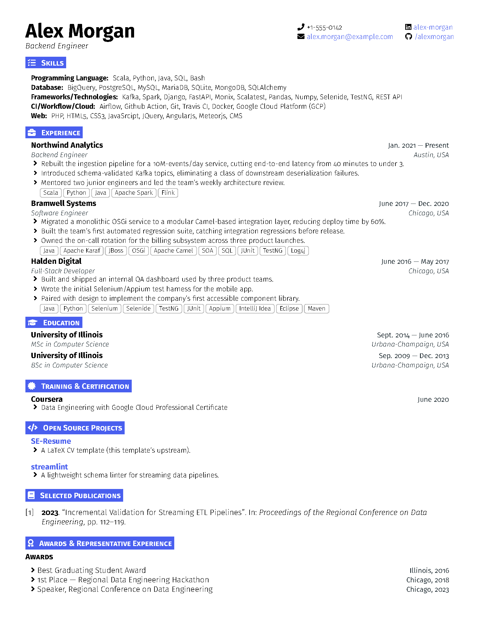 First page of the SE-Resume template