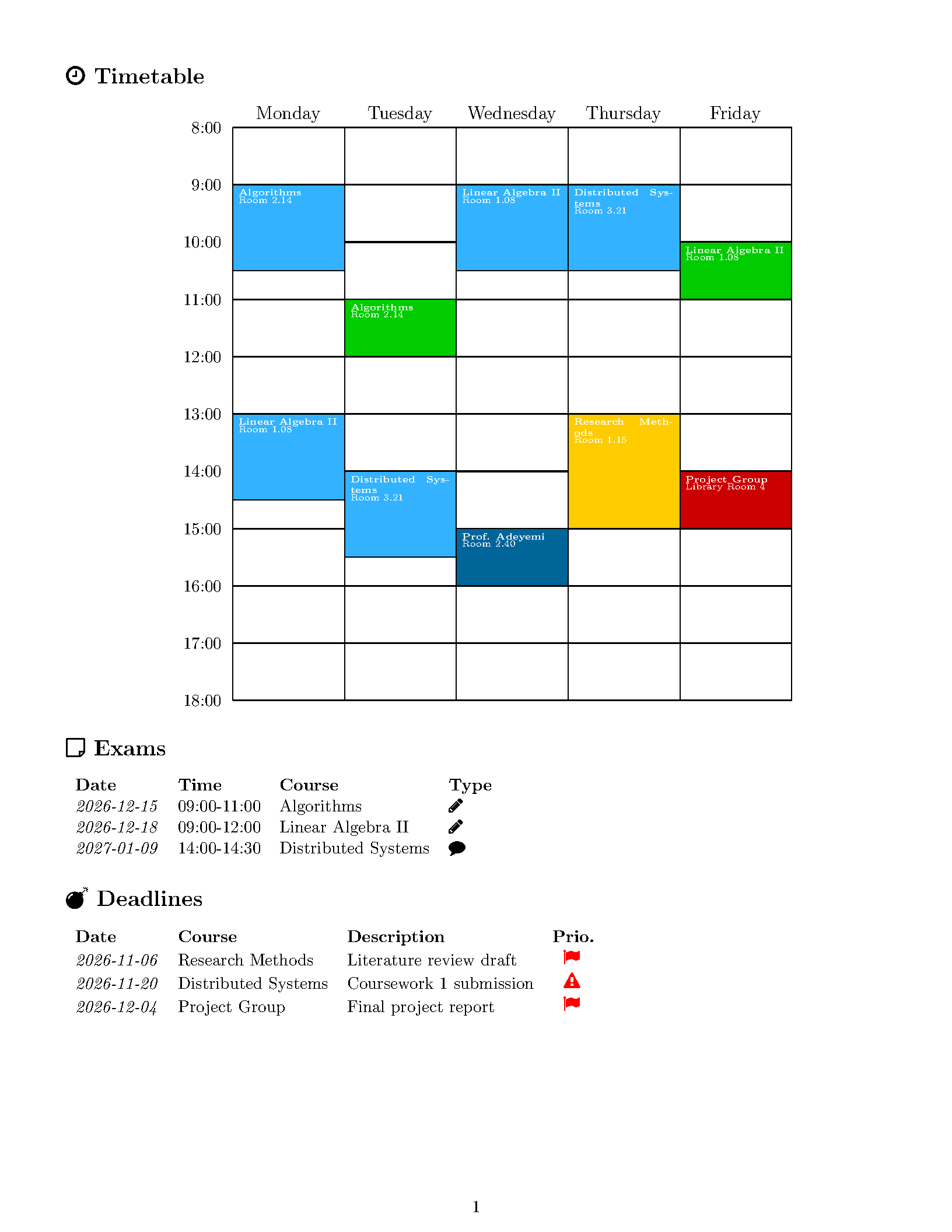 First page of the compiled Semester Timetable template