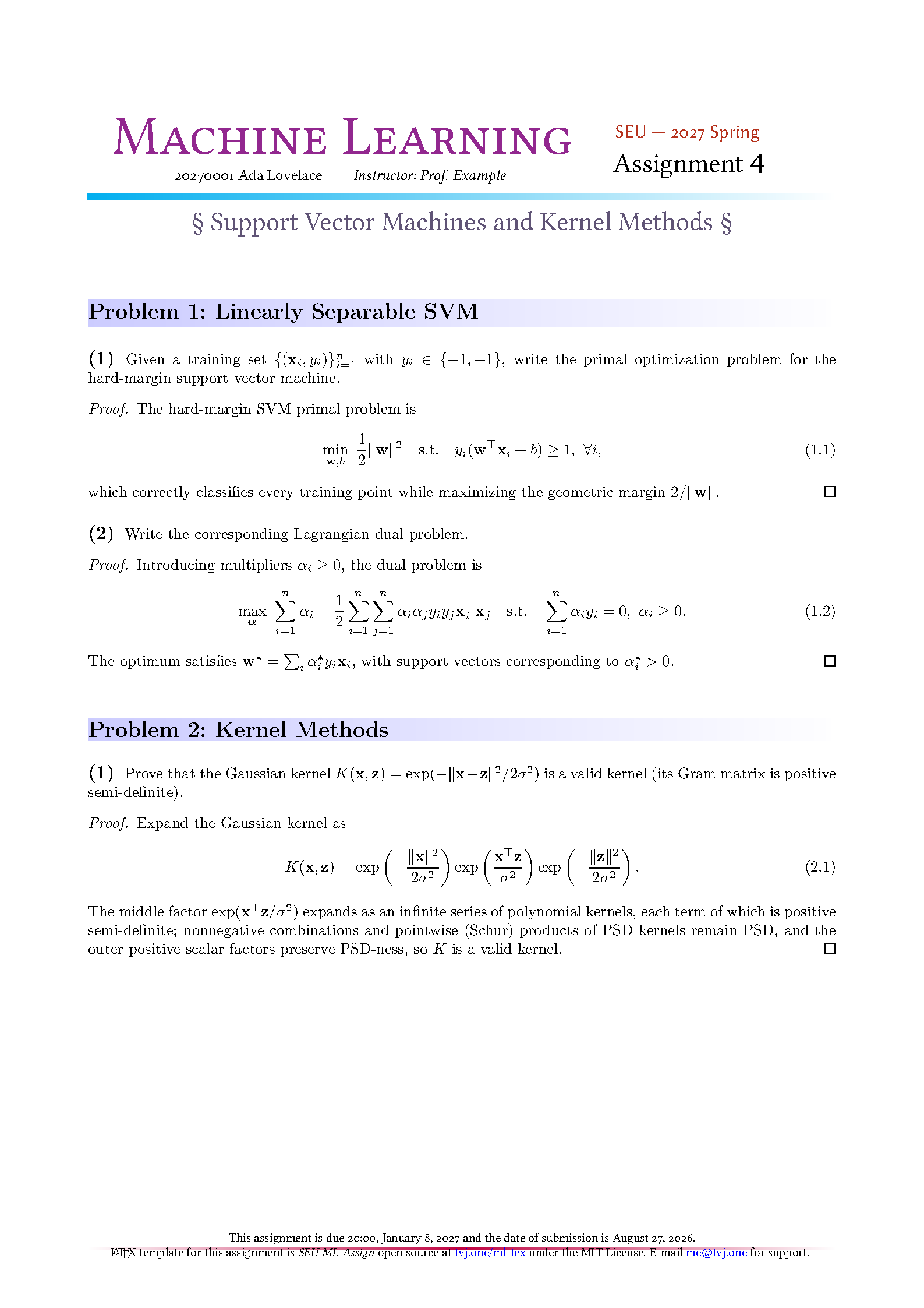 First page of the SEU Machine Learning Assignment template
