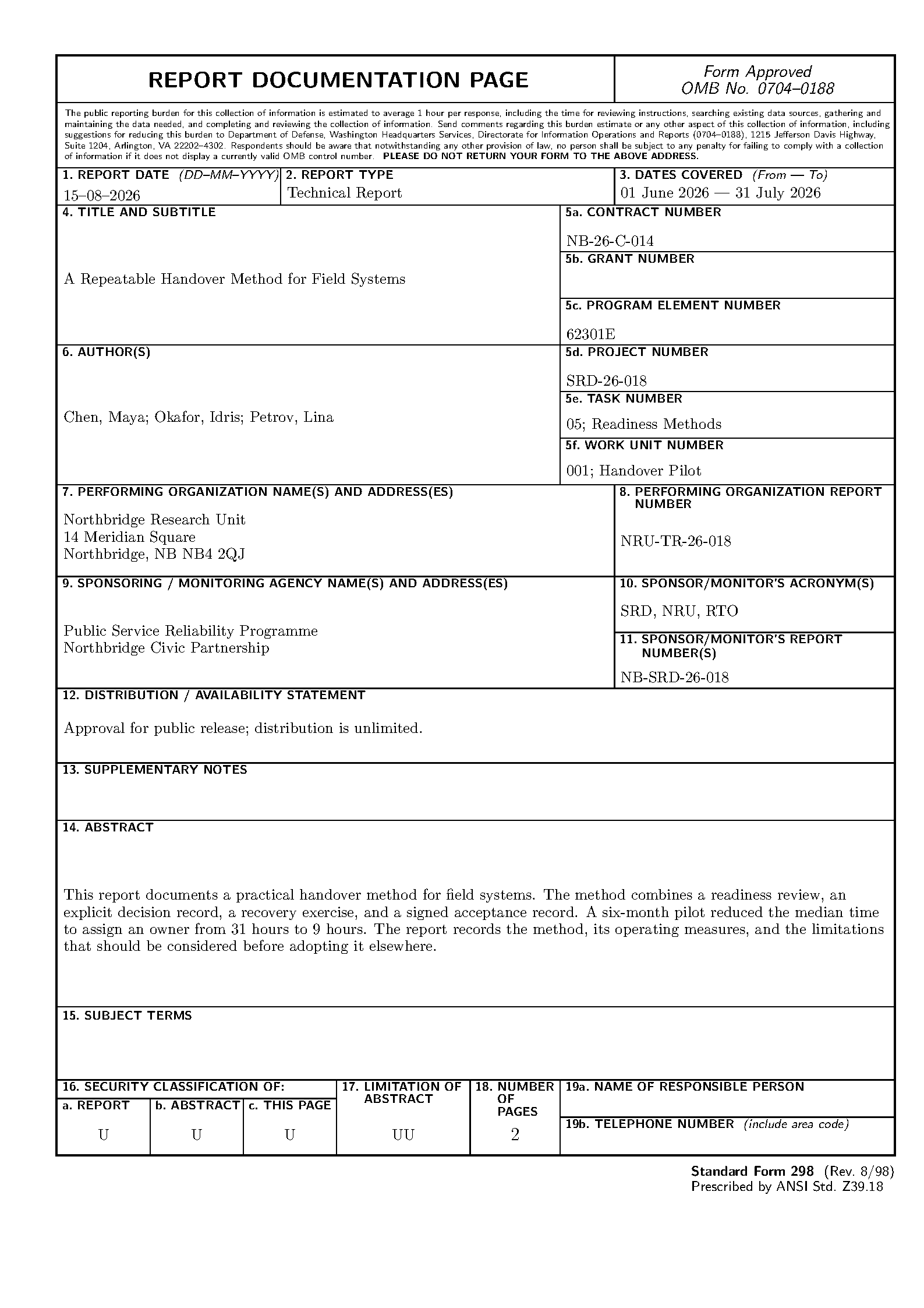 First page of SF 298 Report Documentation Page
