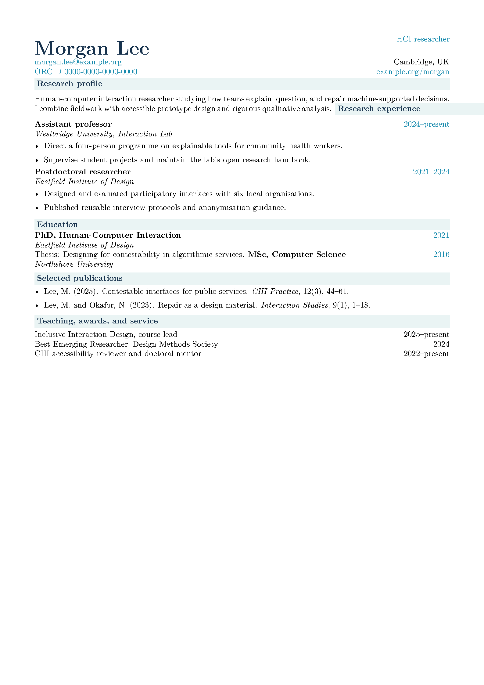 First page of the shellywhen Academic CV template