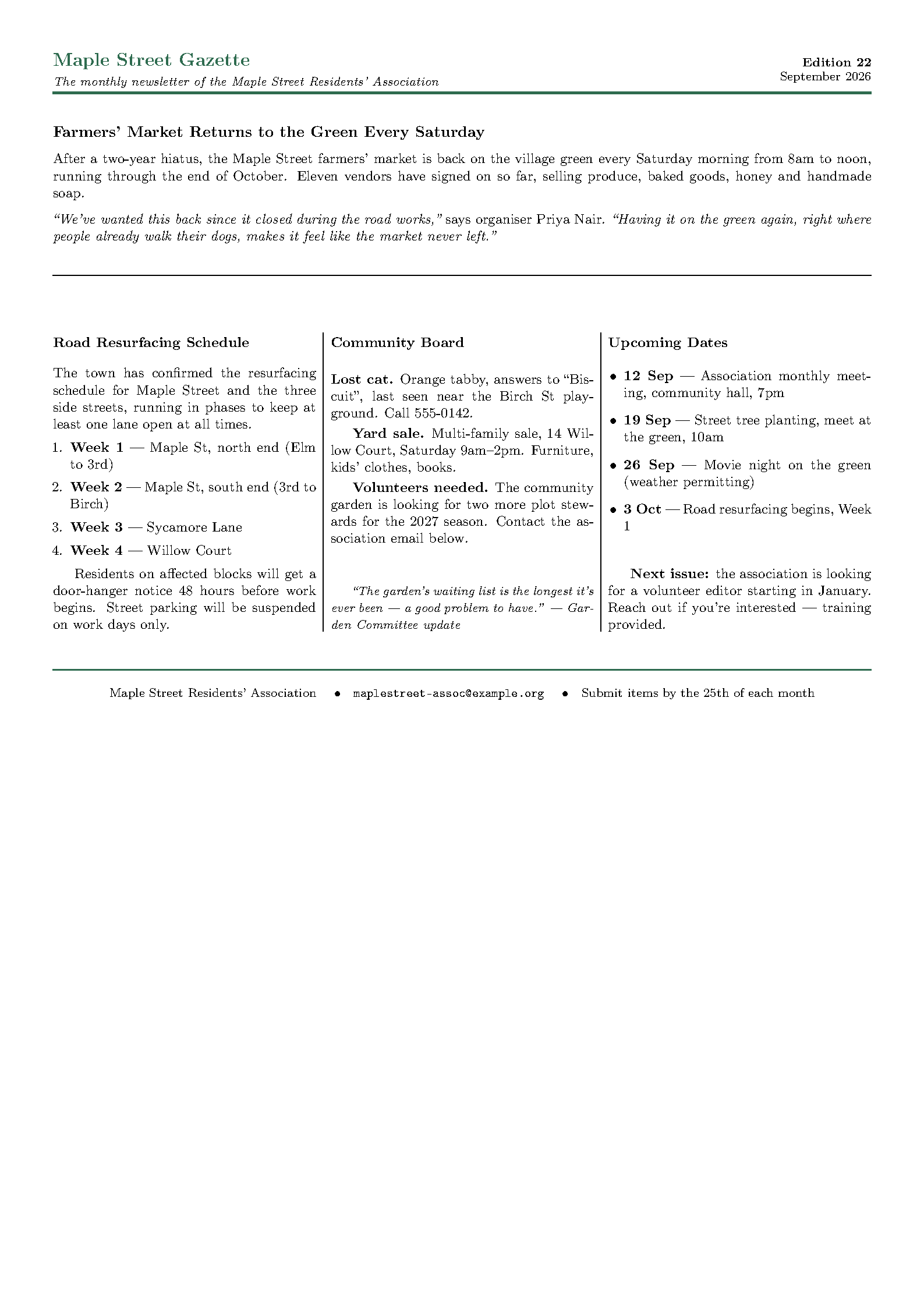 First page of the compiled Short Three-Column Newsletter template
