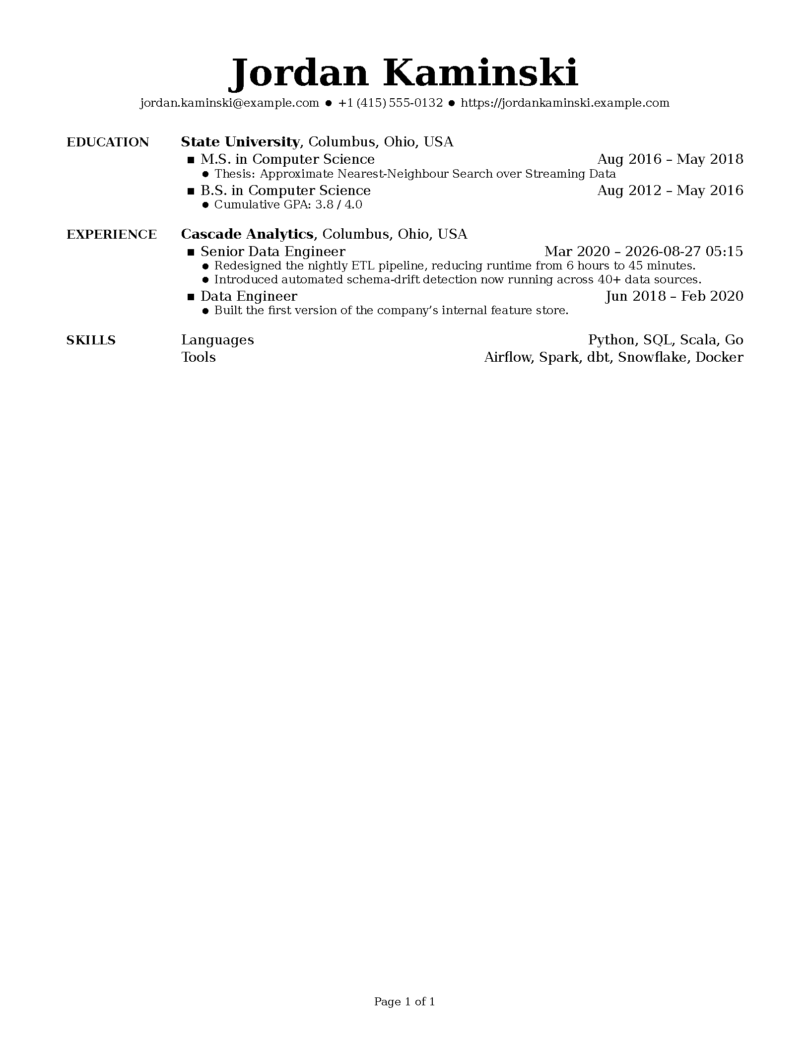 First page of the compiled Simple Resume/CV template