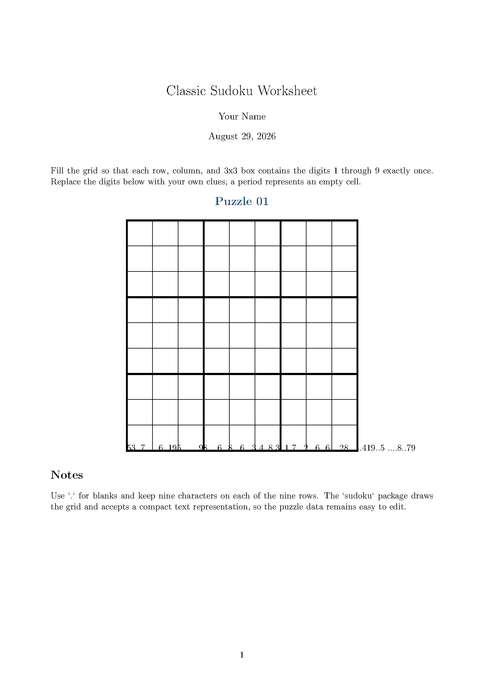First page of Classic Sudoku Worksheet