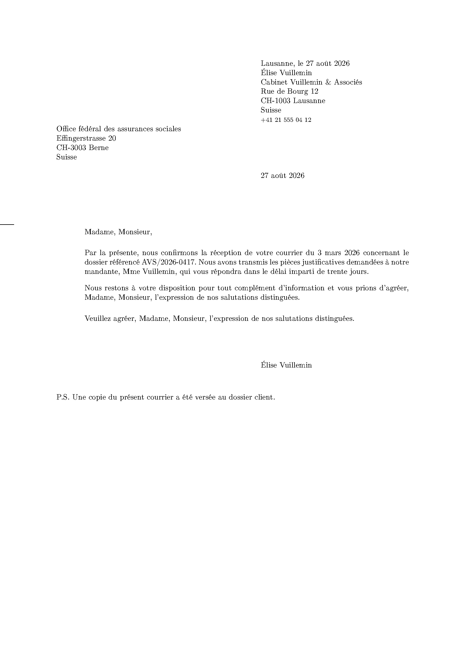First page of the Swiss Formal Letter template