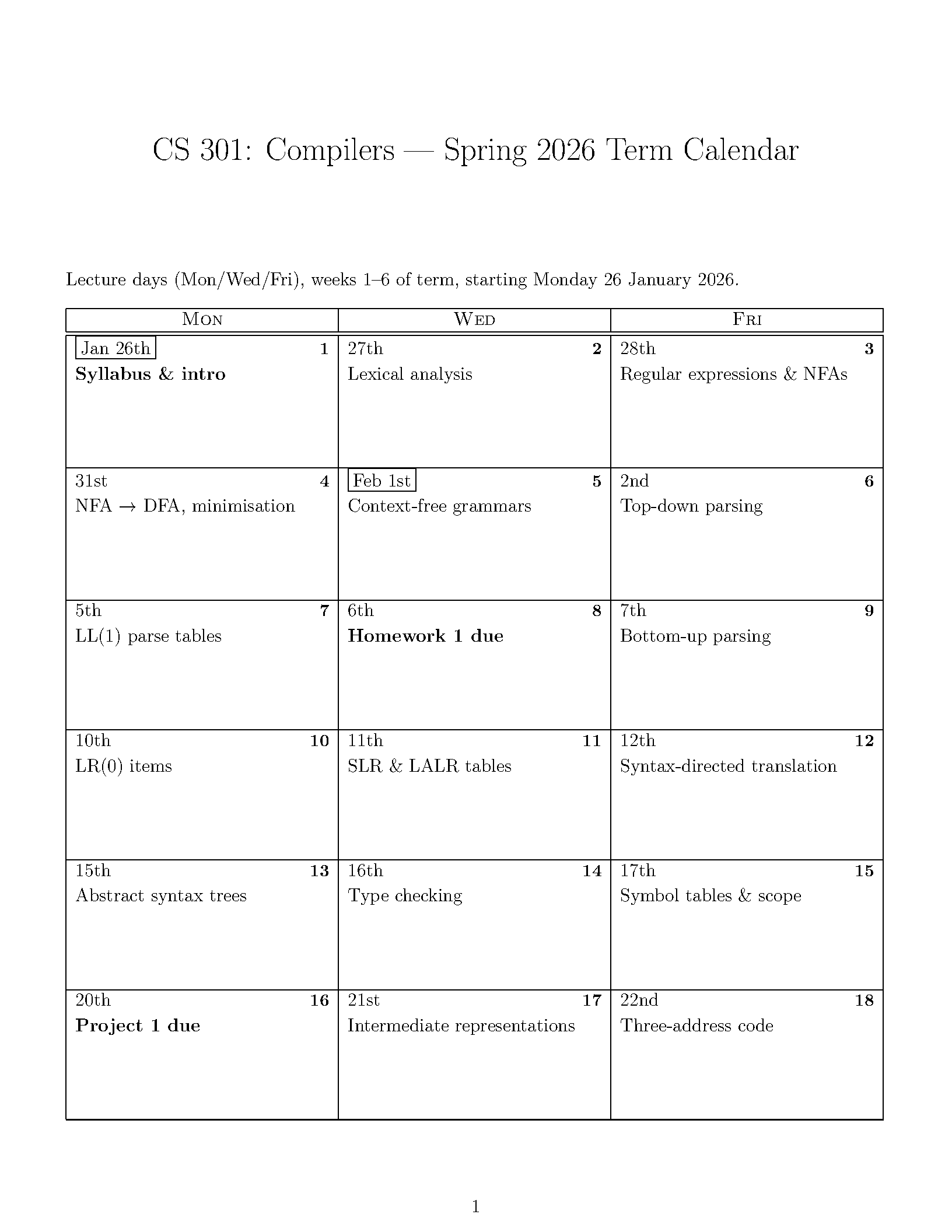 First page of the Term Calendar (Class Schedule) template