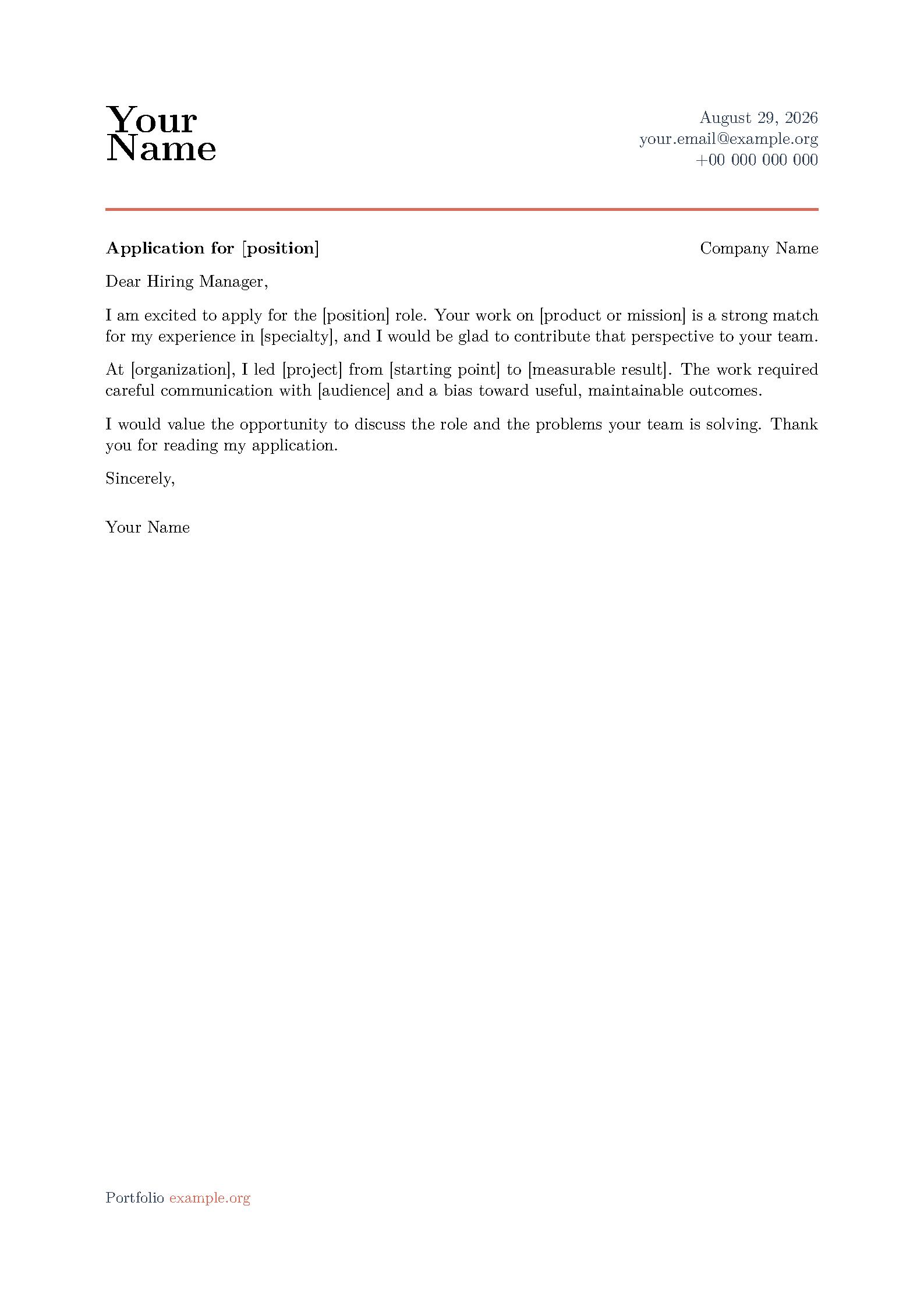 First page of the TeX Cover Letter template