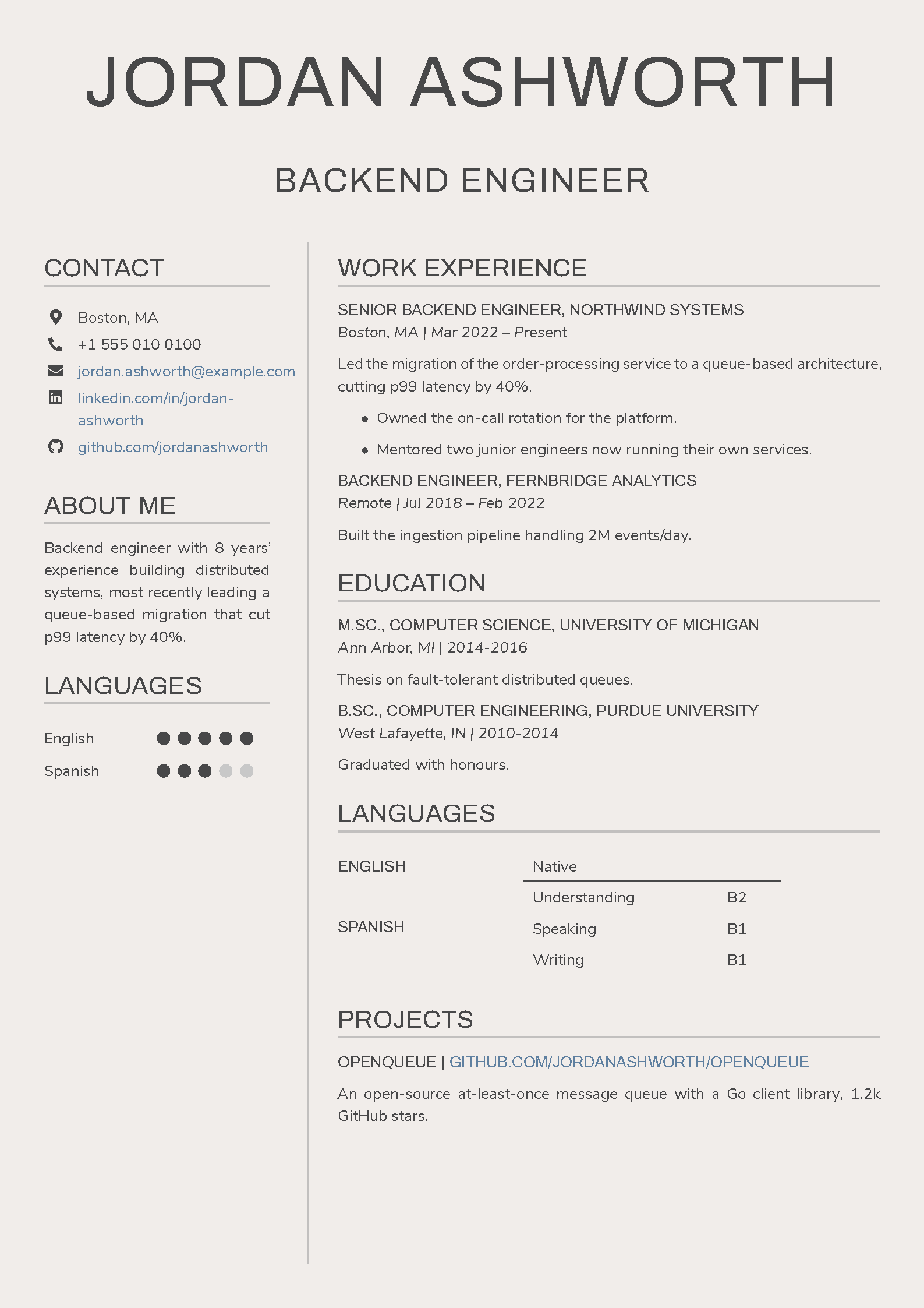 First page of the TeX CV Builder template