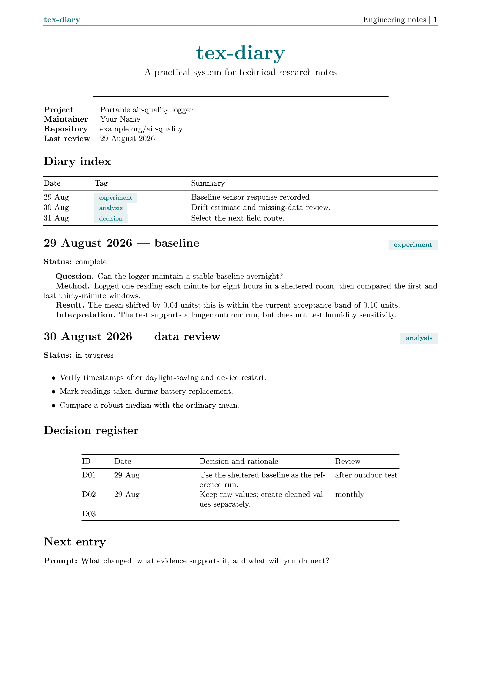 First page of the Research Diary System template