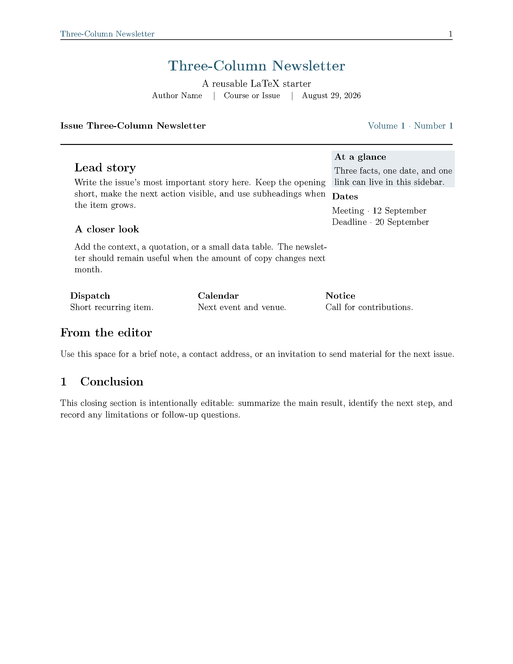 First page of the Three-Column Newsletter template