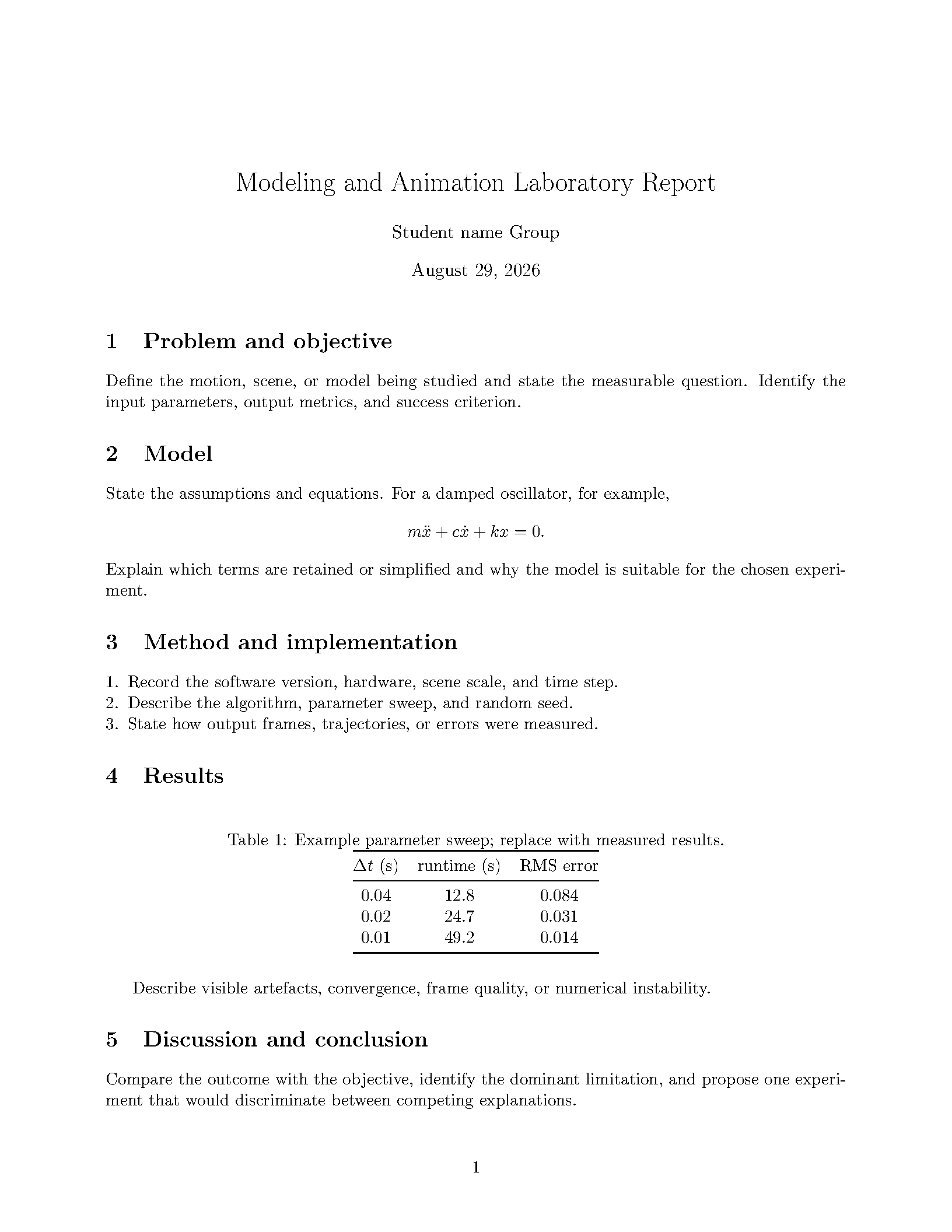 First page of TNM079 Modeling and Animation Lab Report