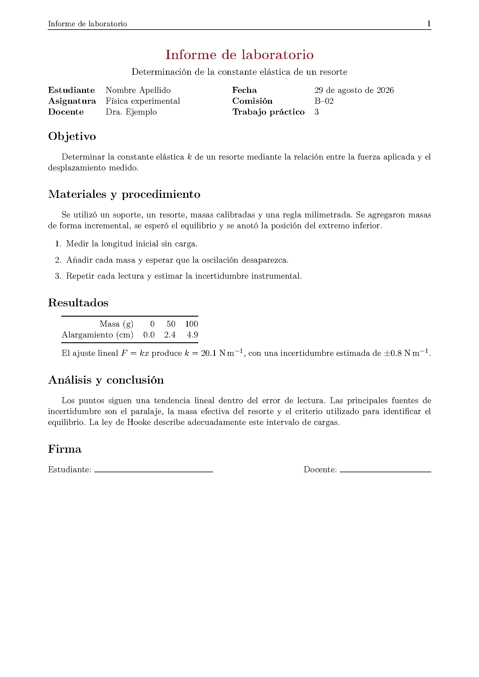 First page of the UNGS Spanish Laboratory Report template
