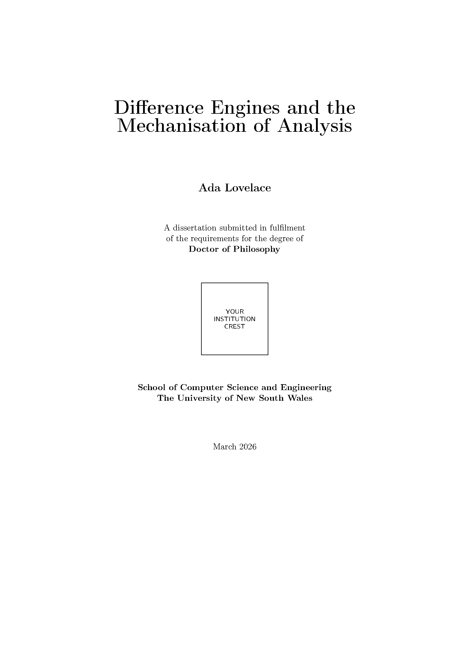 First page of the UNSW Dissertation Title Page template