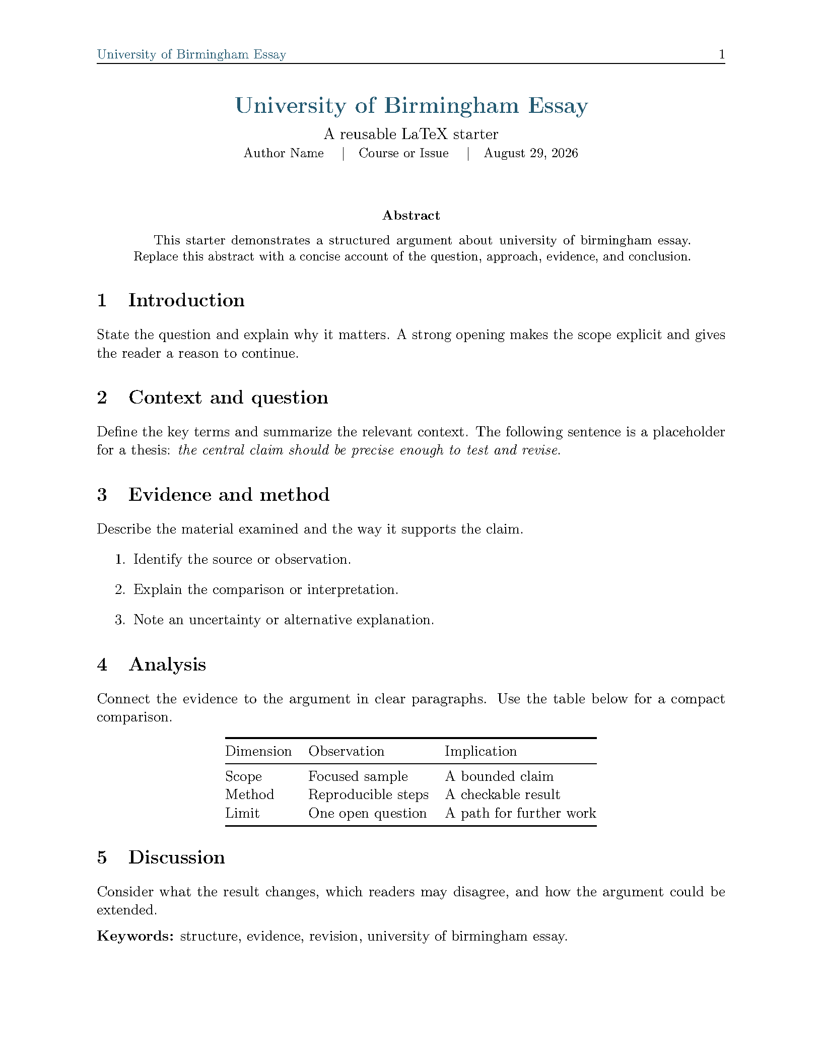 First page of University of Birmingham Essay