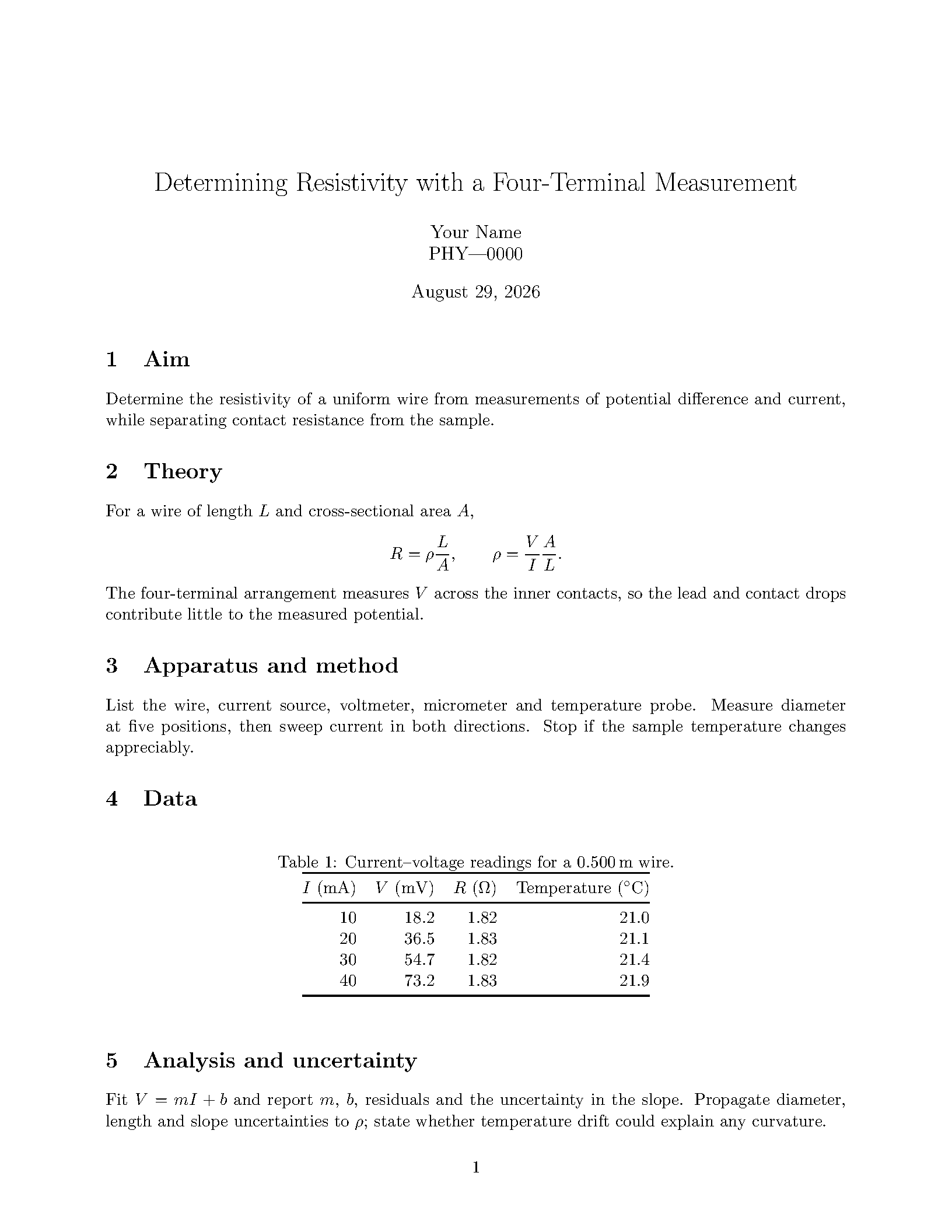 First page of UoL Physics Lab Report