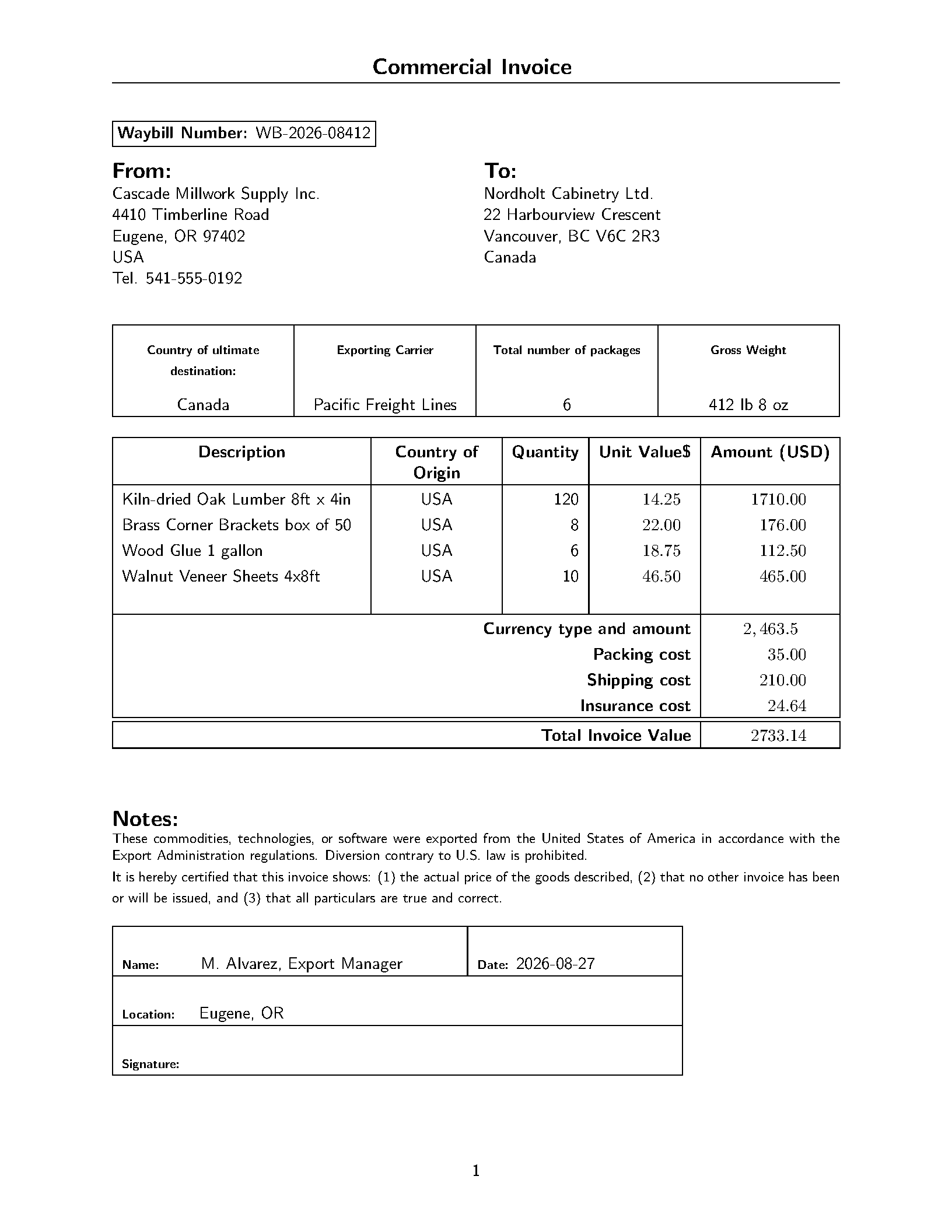 First page of US CSV Invoice