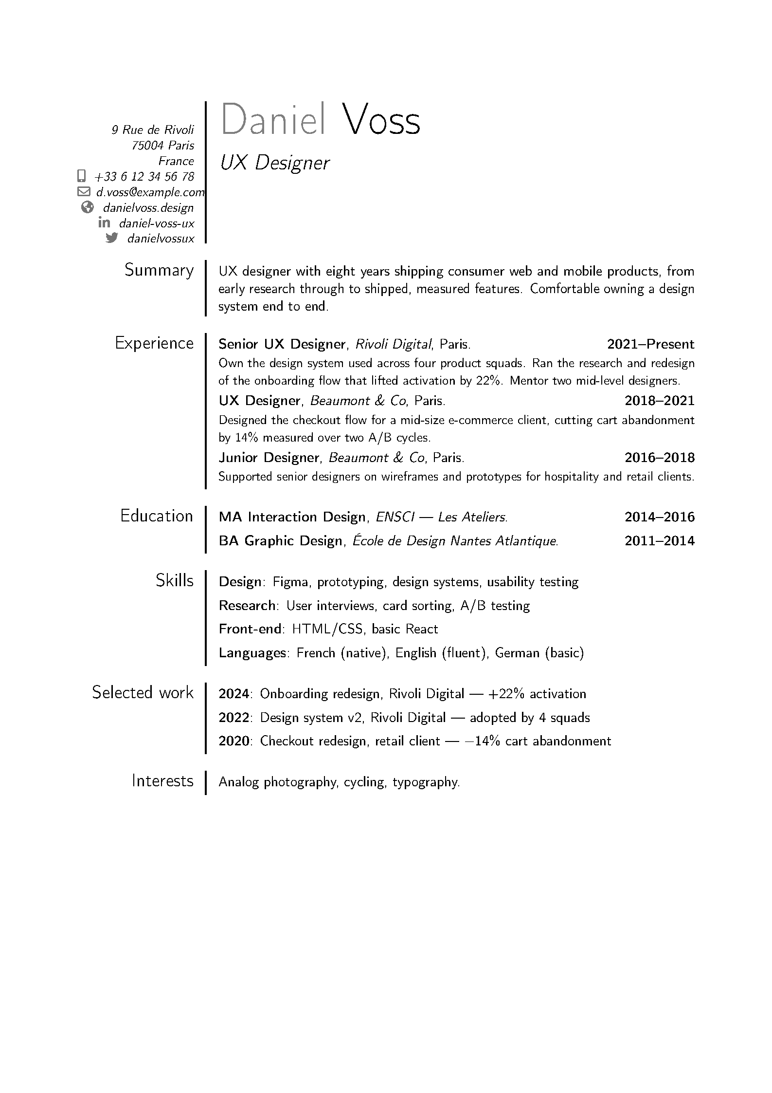 First page of the Wenneker Resume/CV template
