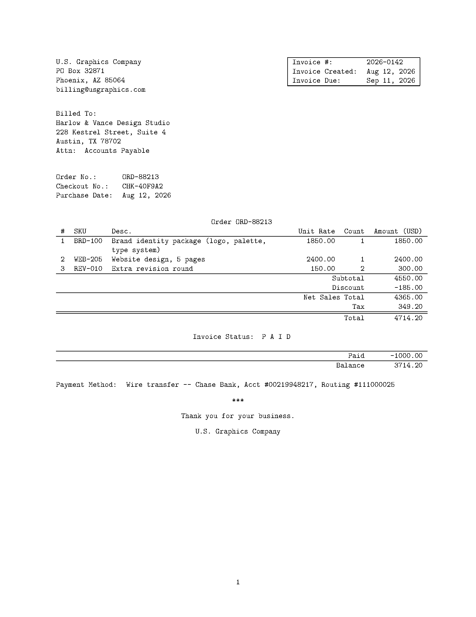 First page of the compiled Wile E. Invoice template