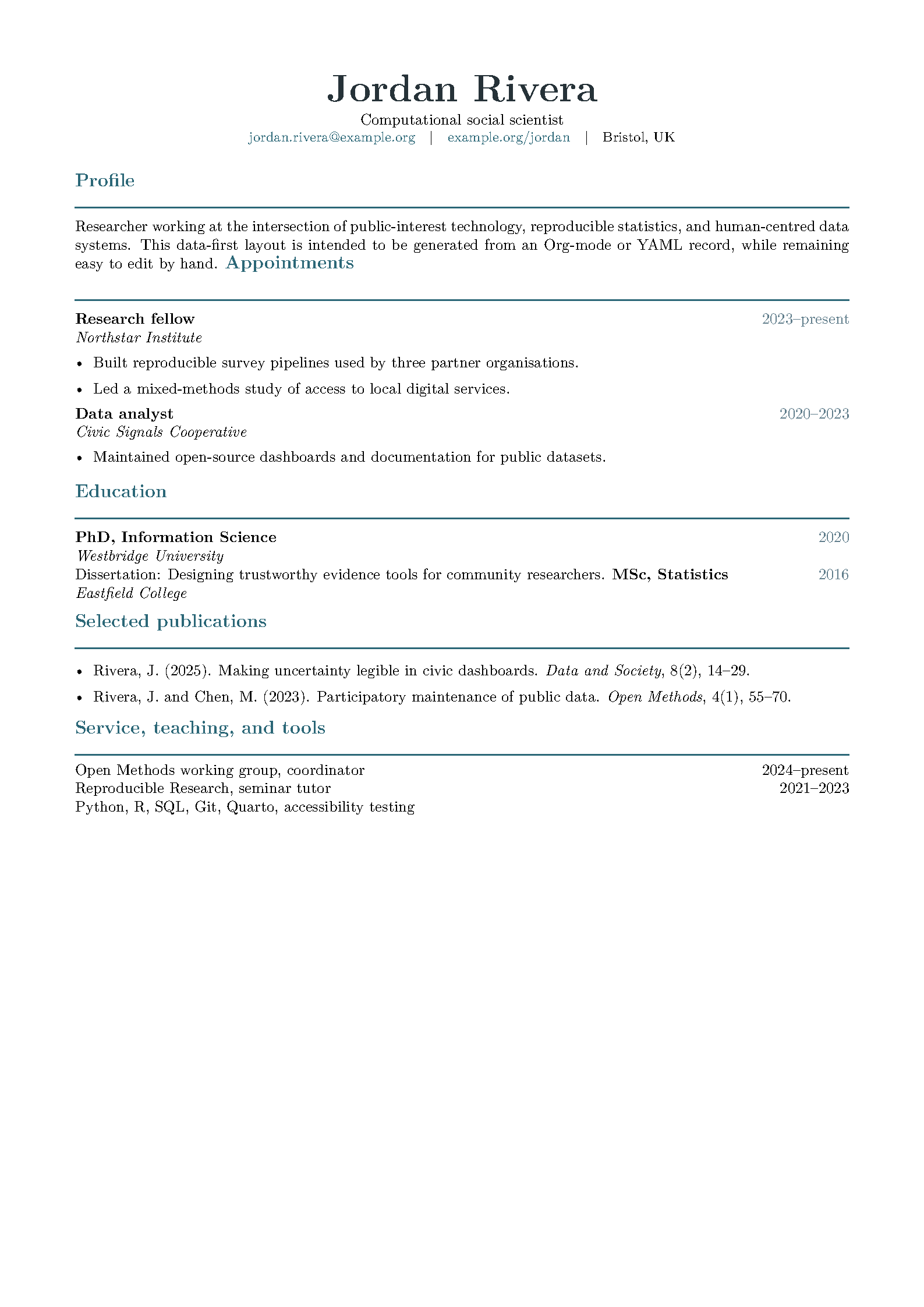 First page of the zzamboni/vita Academic CV template