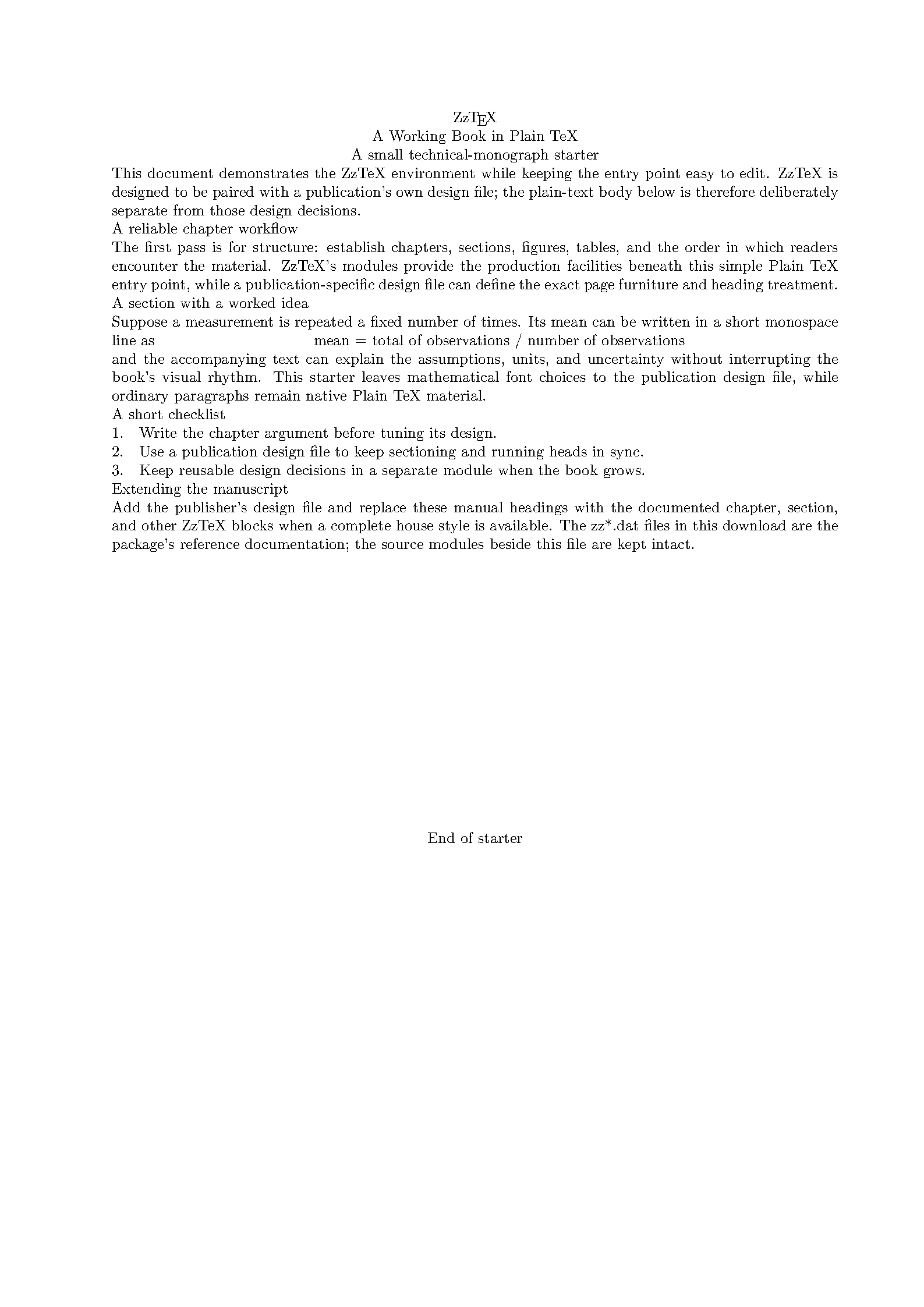 First page of ZzTeX Plain-TeX Book